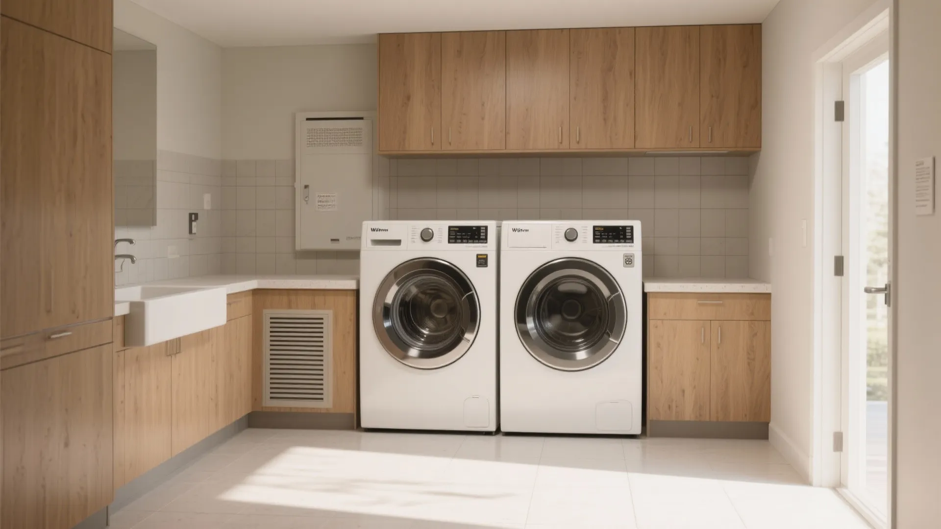 Modern laundry room featuring white washing machines under wood cabinets with a small sink and window