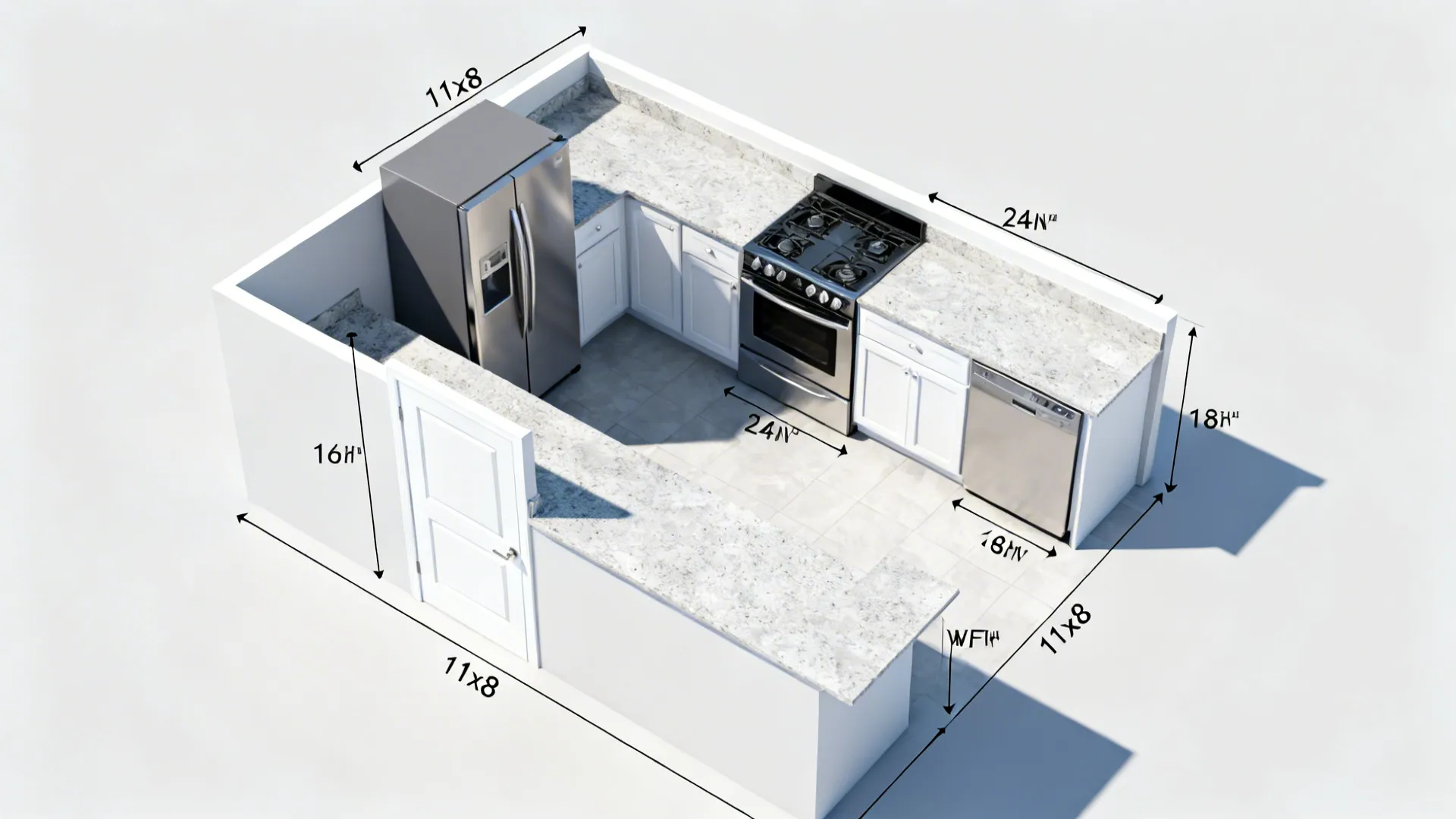 Top-down view of an 11x8 kitchen with compact appliances and clearances.