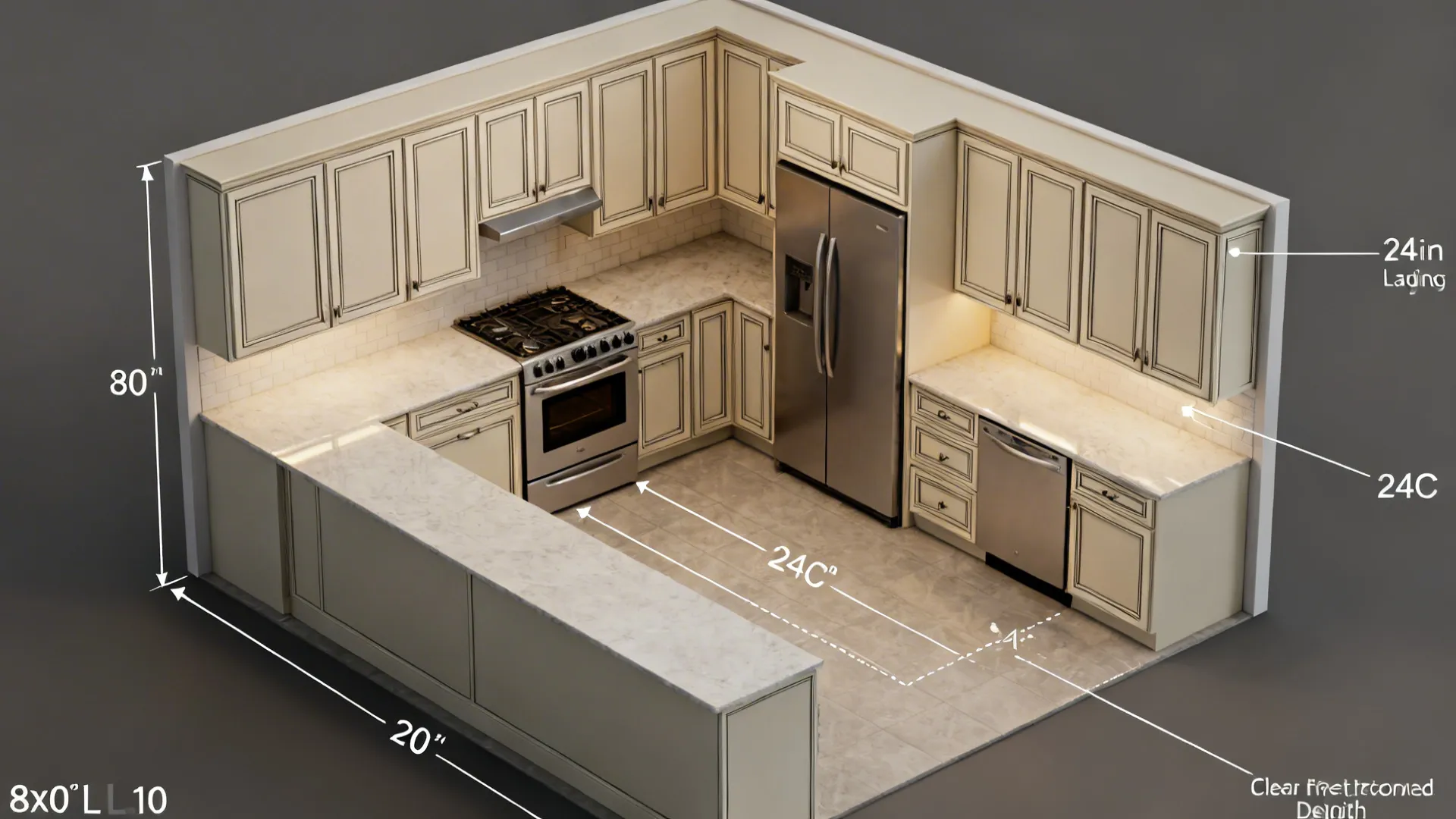 Top-down view of slim, integrated appliance layout in an 8x10 L-shaped kitchen.