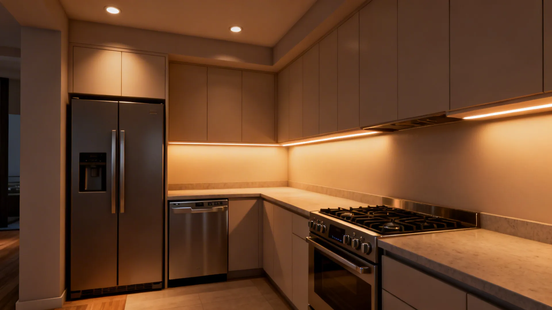 L-shaped kitchen with counter-depth fridge, compact appliances, and layered warm lighting.