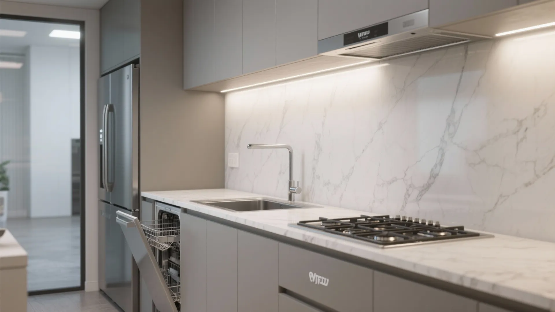 Modern kitchen with grey cabinets marble wall stainless steel sink open dishwasher and gas stove