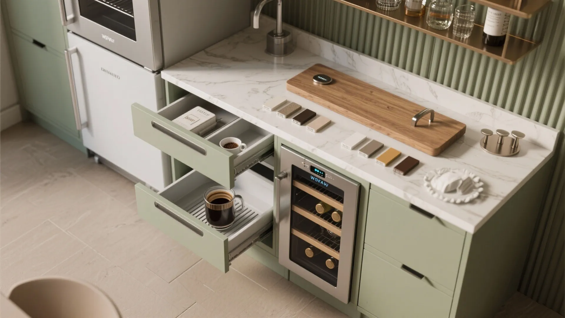 Green kitchen cabinet featuring integrated wine cooler and open drawers with coffee cups and supplies