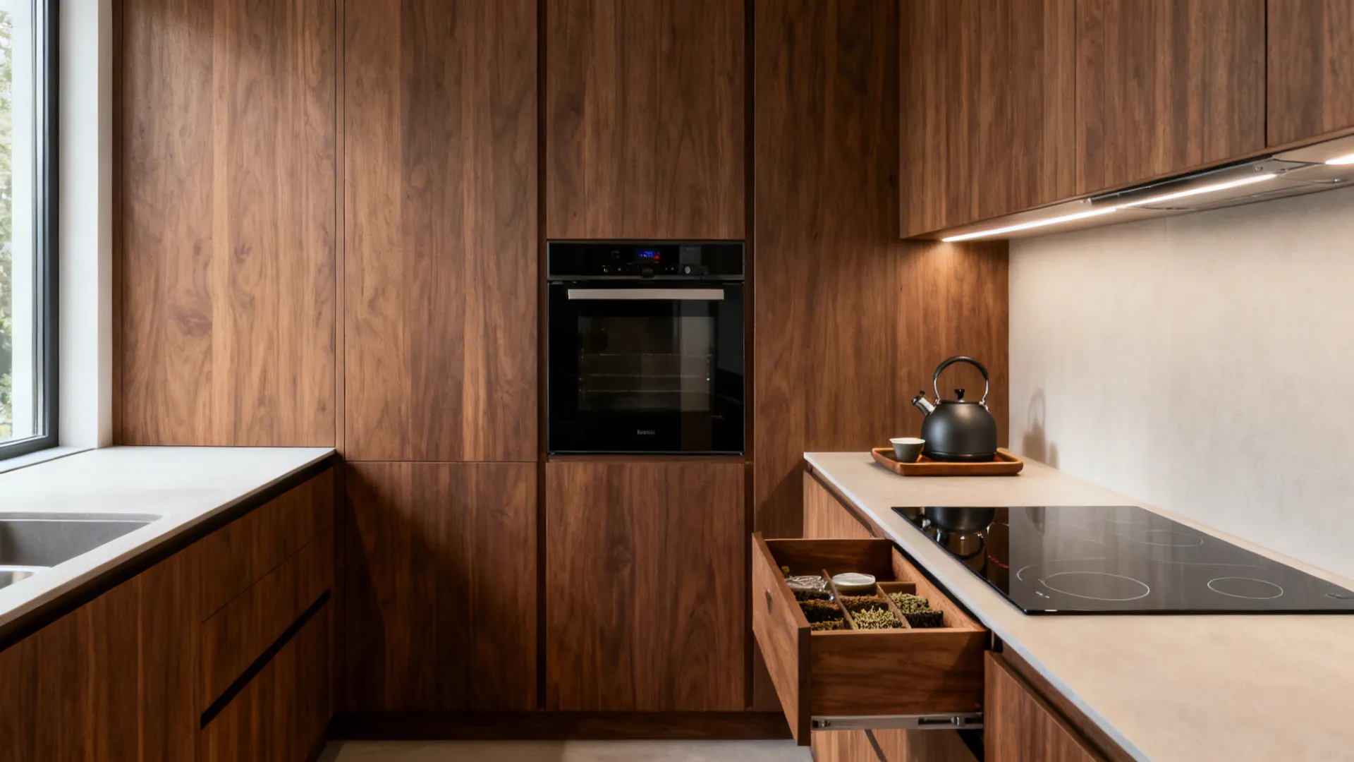 Compact kitchen with induction hob, combi-oven, and a dedicated tea nook in smoked oak cabinetry.