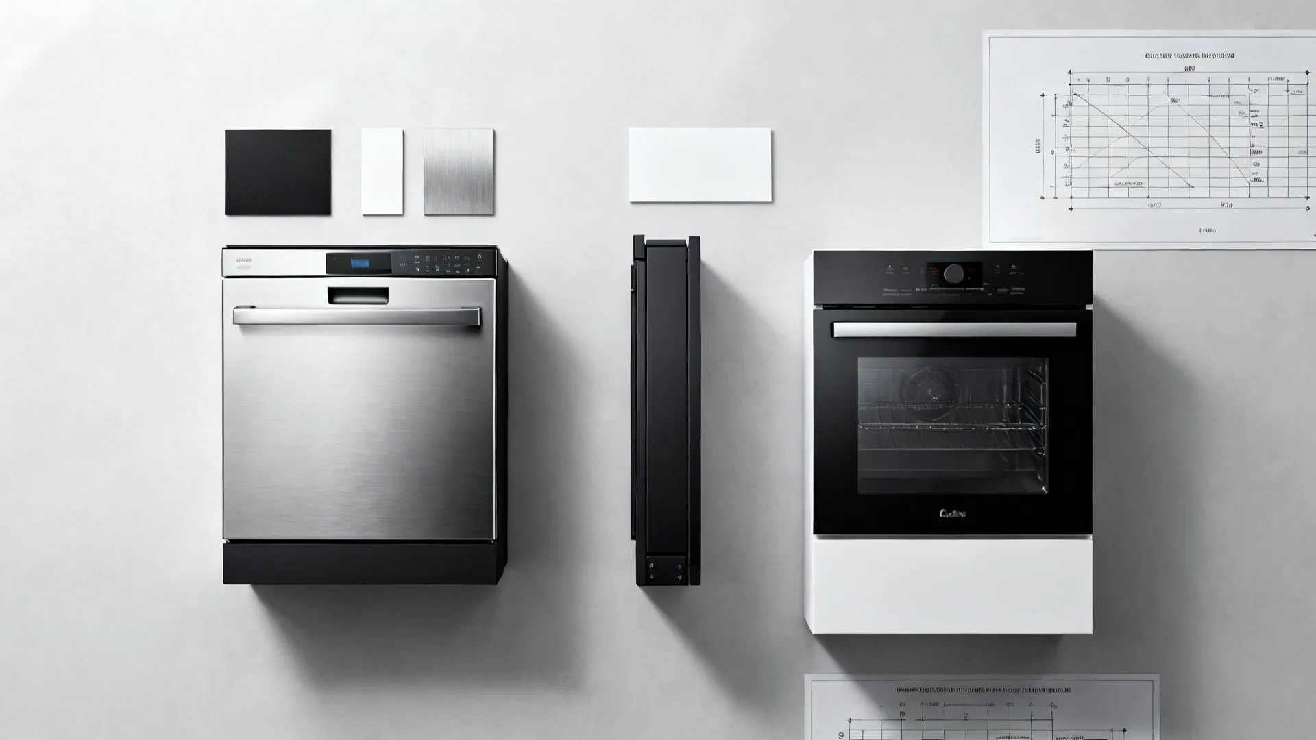Flatlay of compact integrated appliance modules and material swatches for modular kitchens