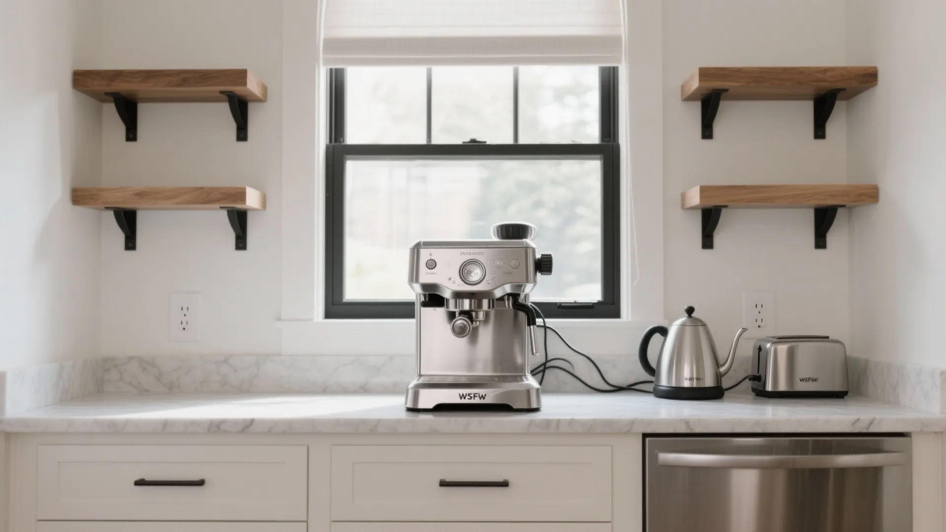 Kitchen counter with coffee machine kettle toaster marble surface wall shelves and a large window view