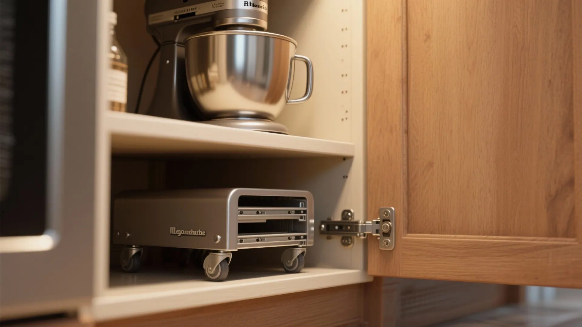 Kitchen cabinet interior with a silver mixer on top shelf and a sliding appliance shelf