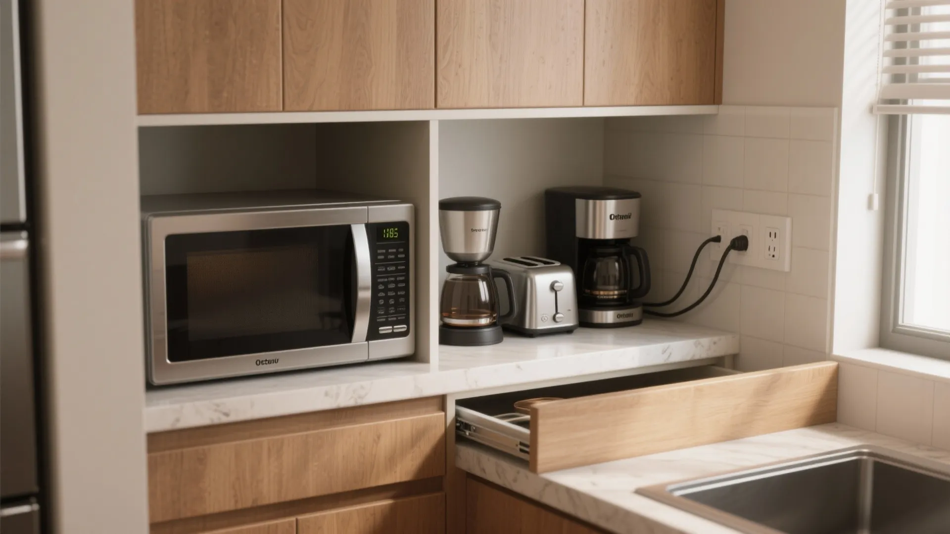 Recessed appliance nook with microwave, coffee maker, and toaster on a pull-out shelf in a compact kitchen.