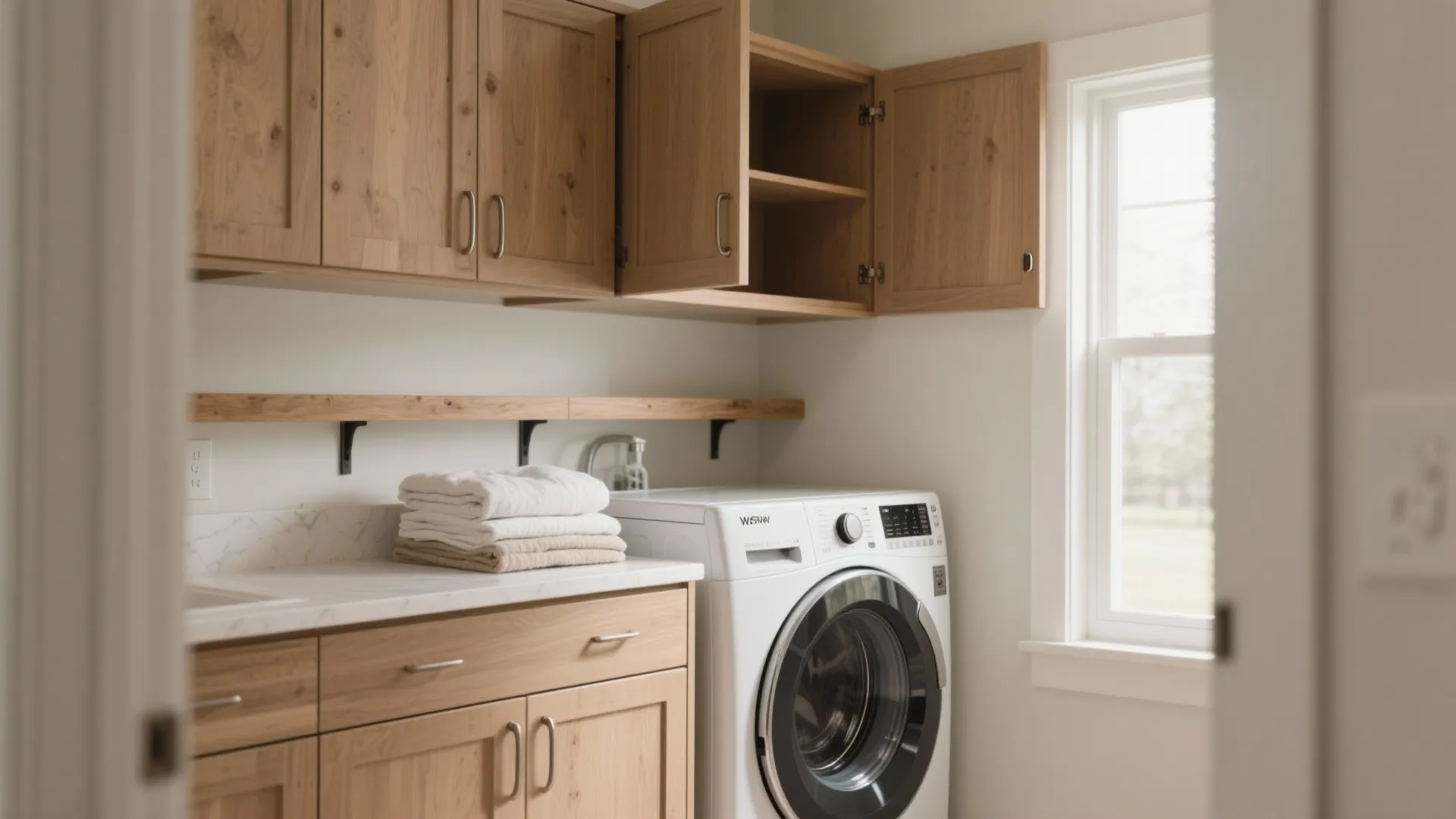 Laundry alcove with custom shallow upper cabinets and a fold-down shelf framing a washing machine.