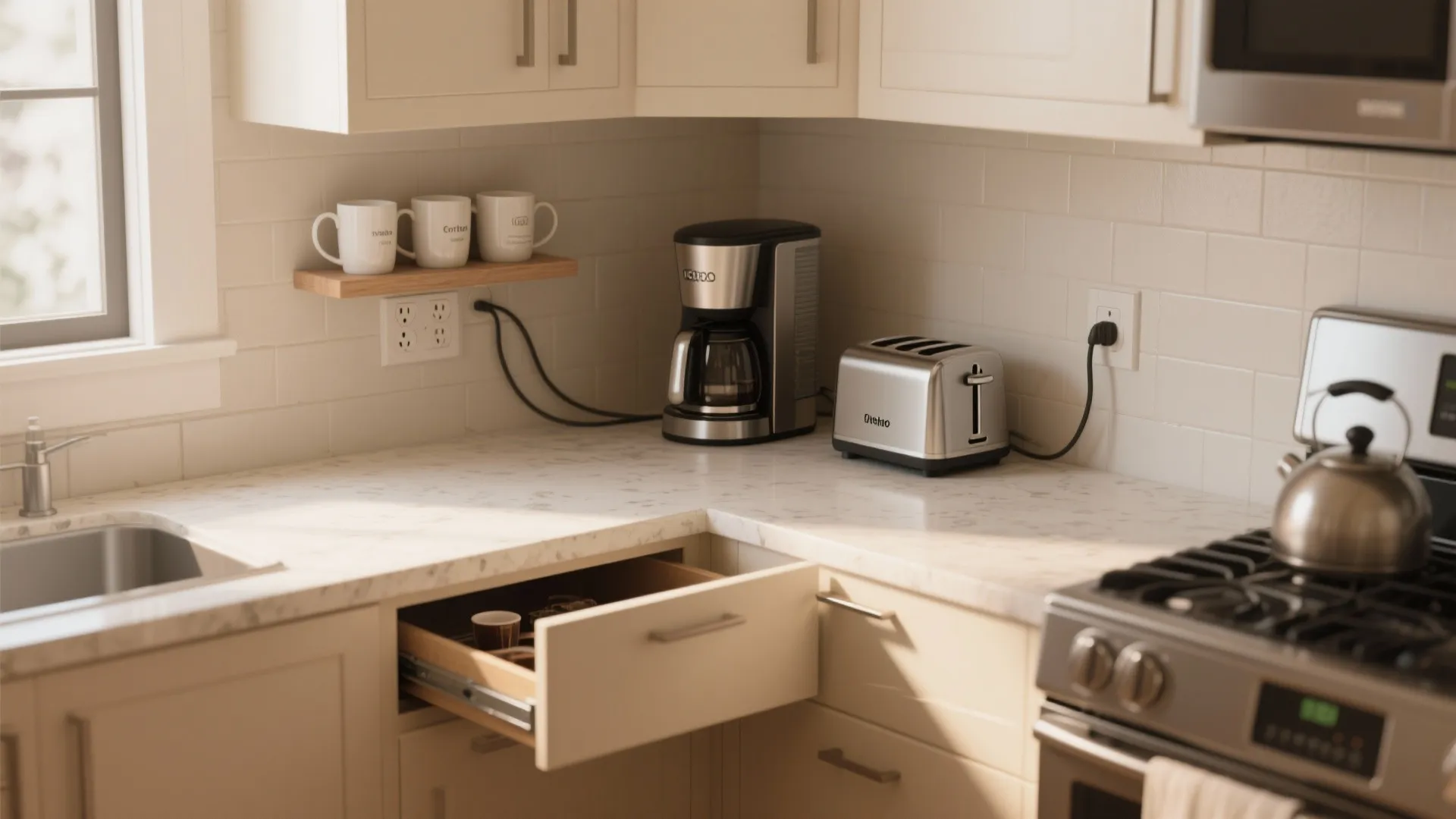 Kitchen counter with coffee maker toaster and open drawer next to a white tiled backsplash wall