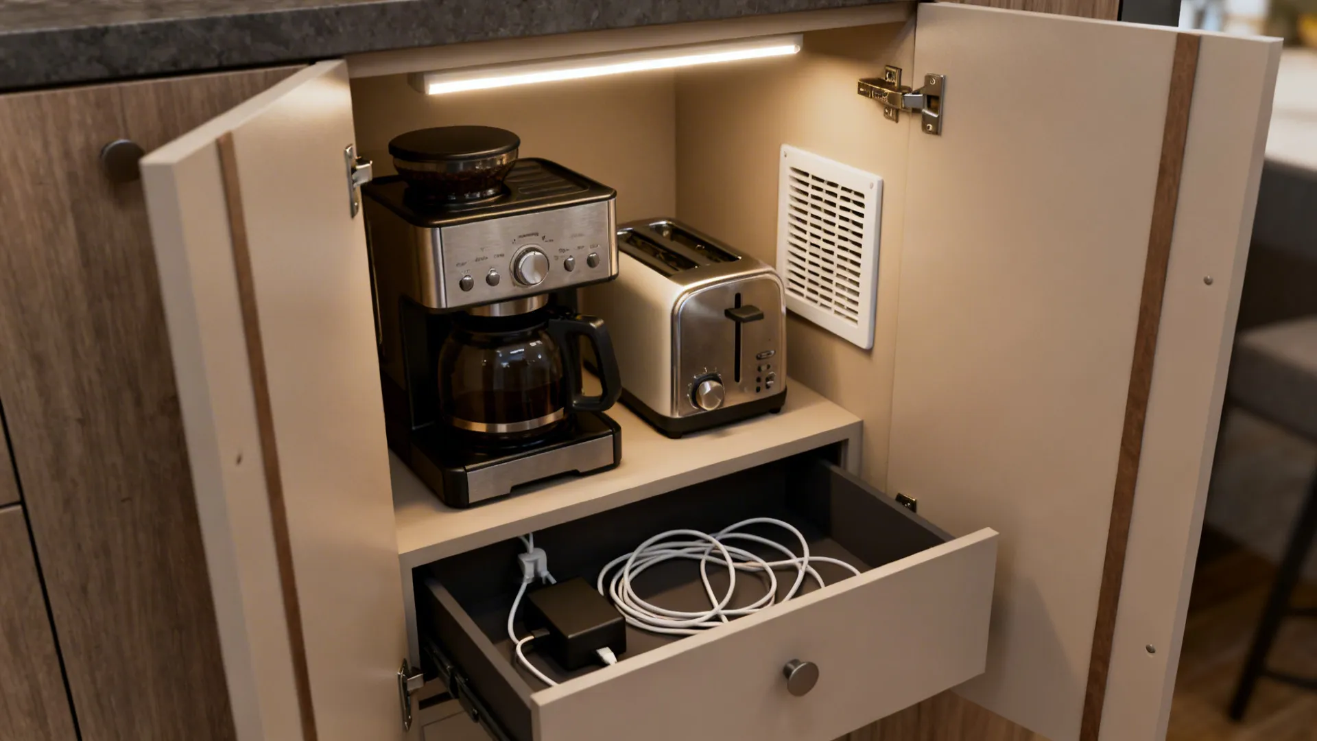 Pantry appliance nook with bi-fold door open, showing a coffee maker and a charging drawer.
