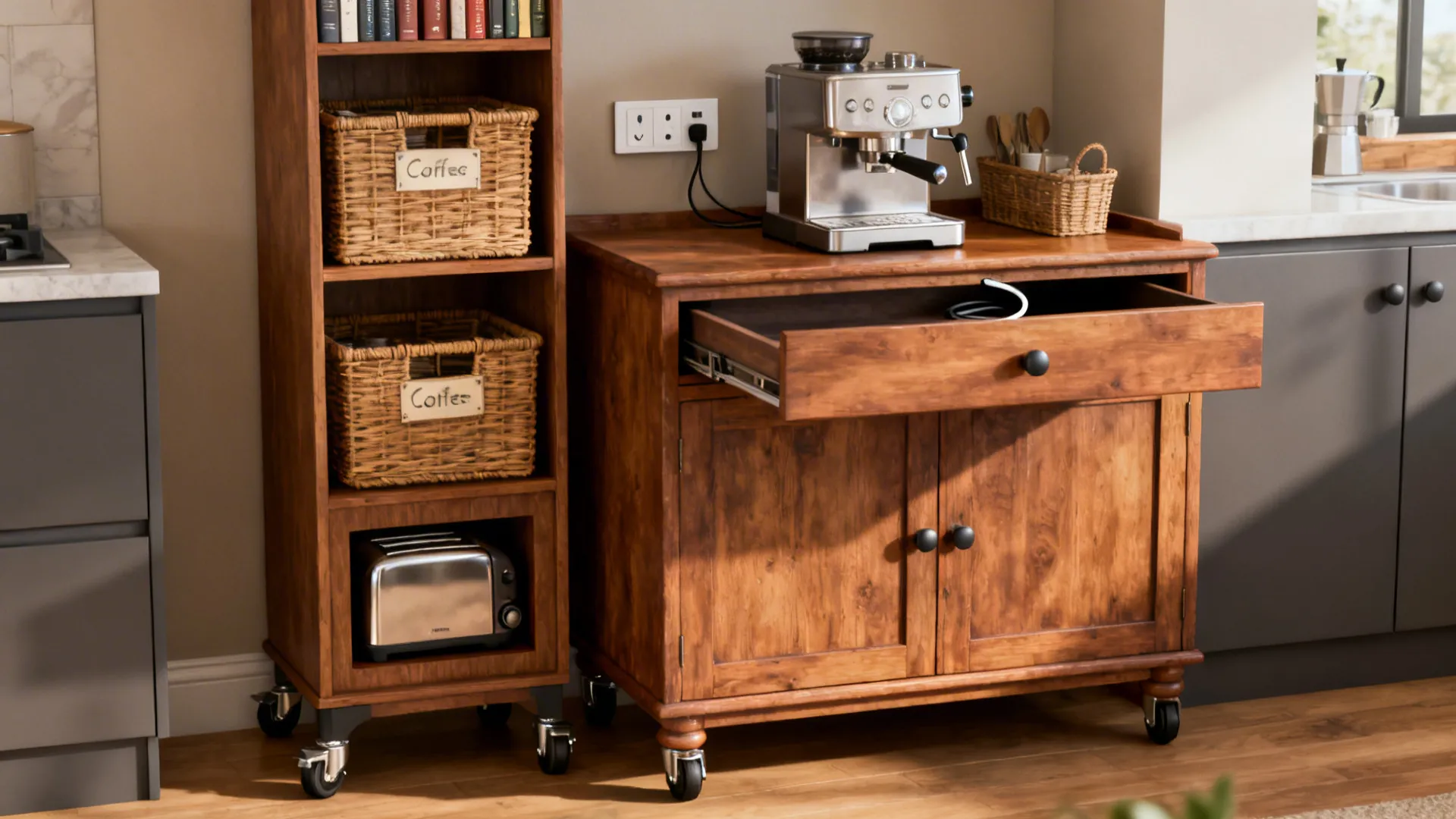 Vintage sideboard as a coffee station with a pull-out tray and tidy vertical pantry.