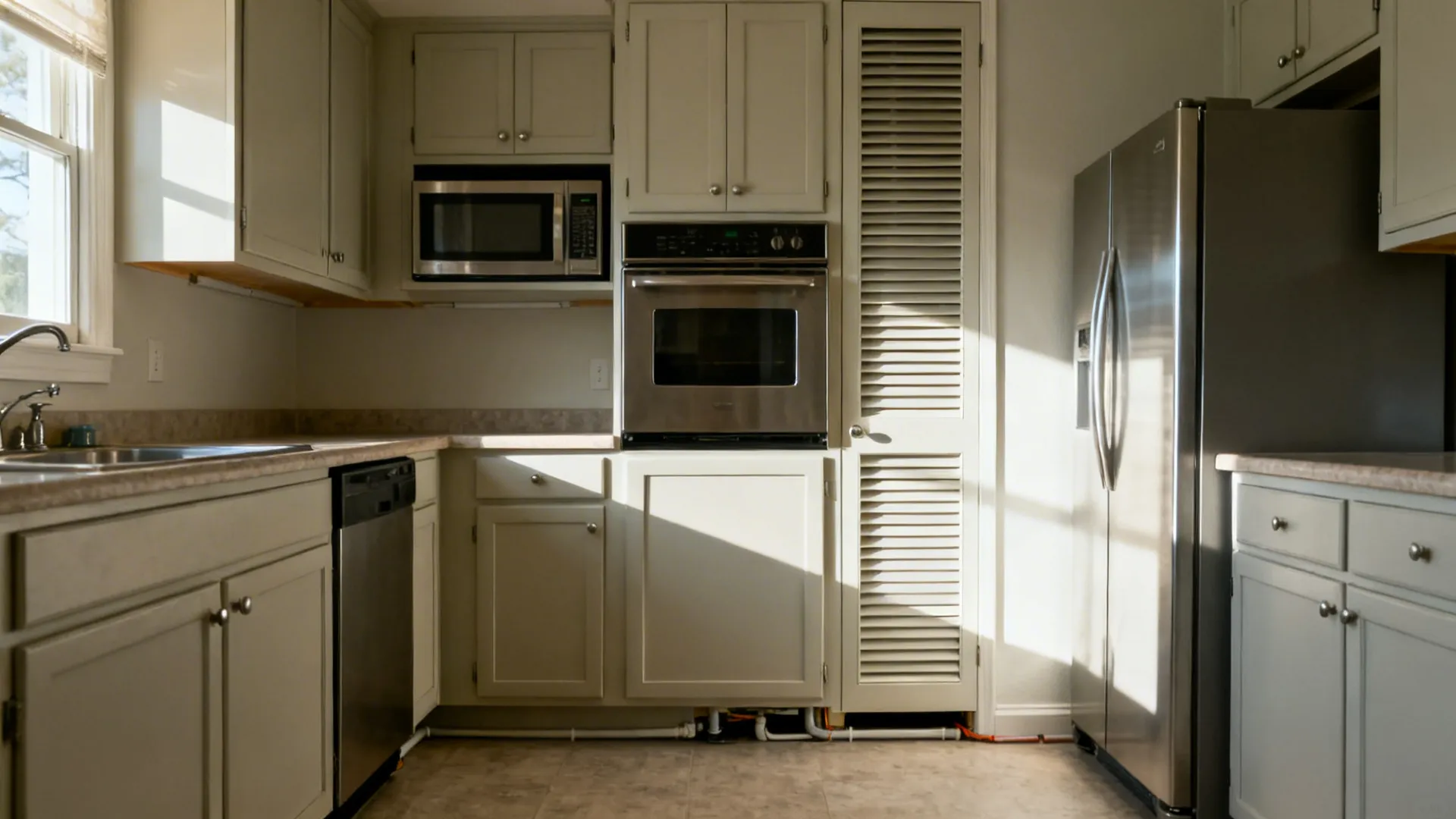 Microwave and wall oven grouped near southeast with ventilated tall cabinet, fridge on the north wall.