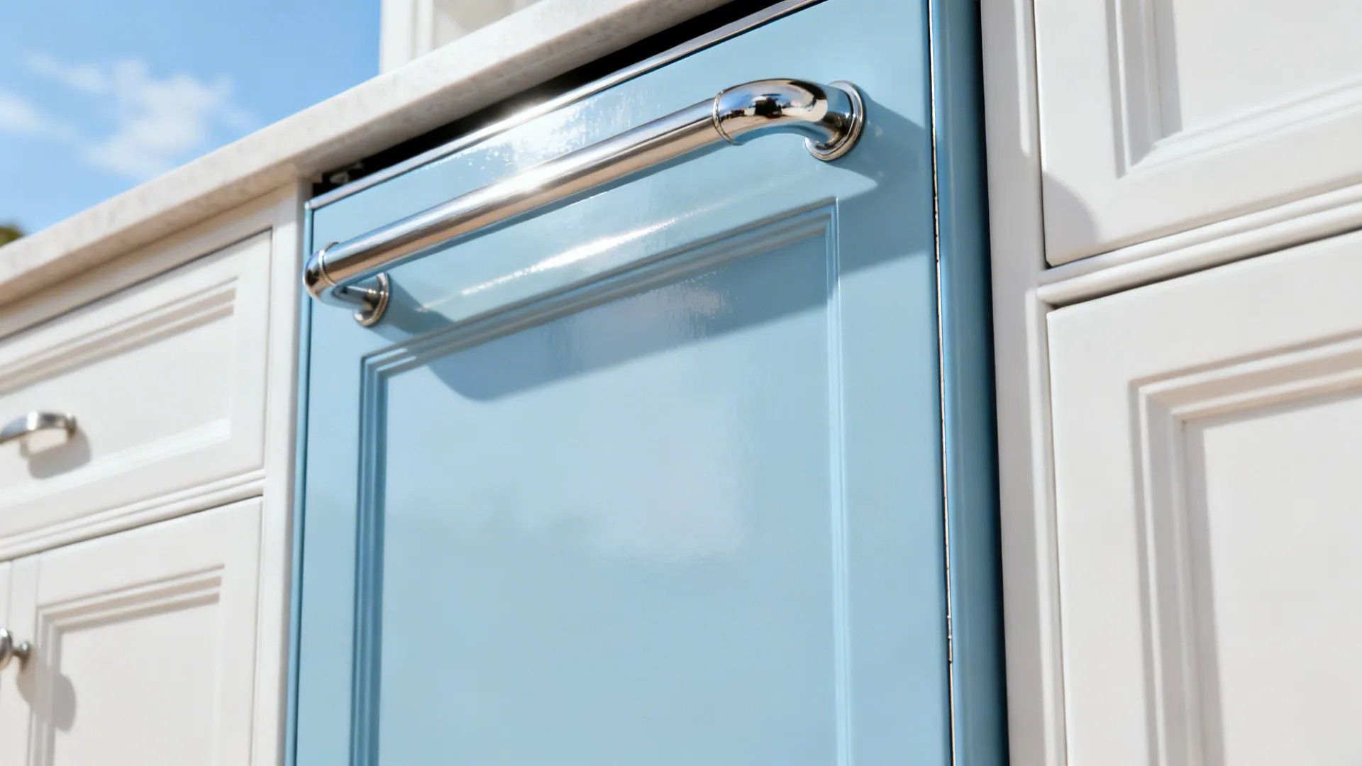 Macro of a sky-blue panel-ready dishwasher with chrome pull aligned to white cabinets.