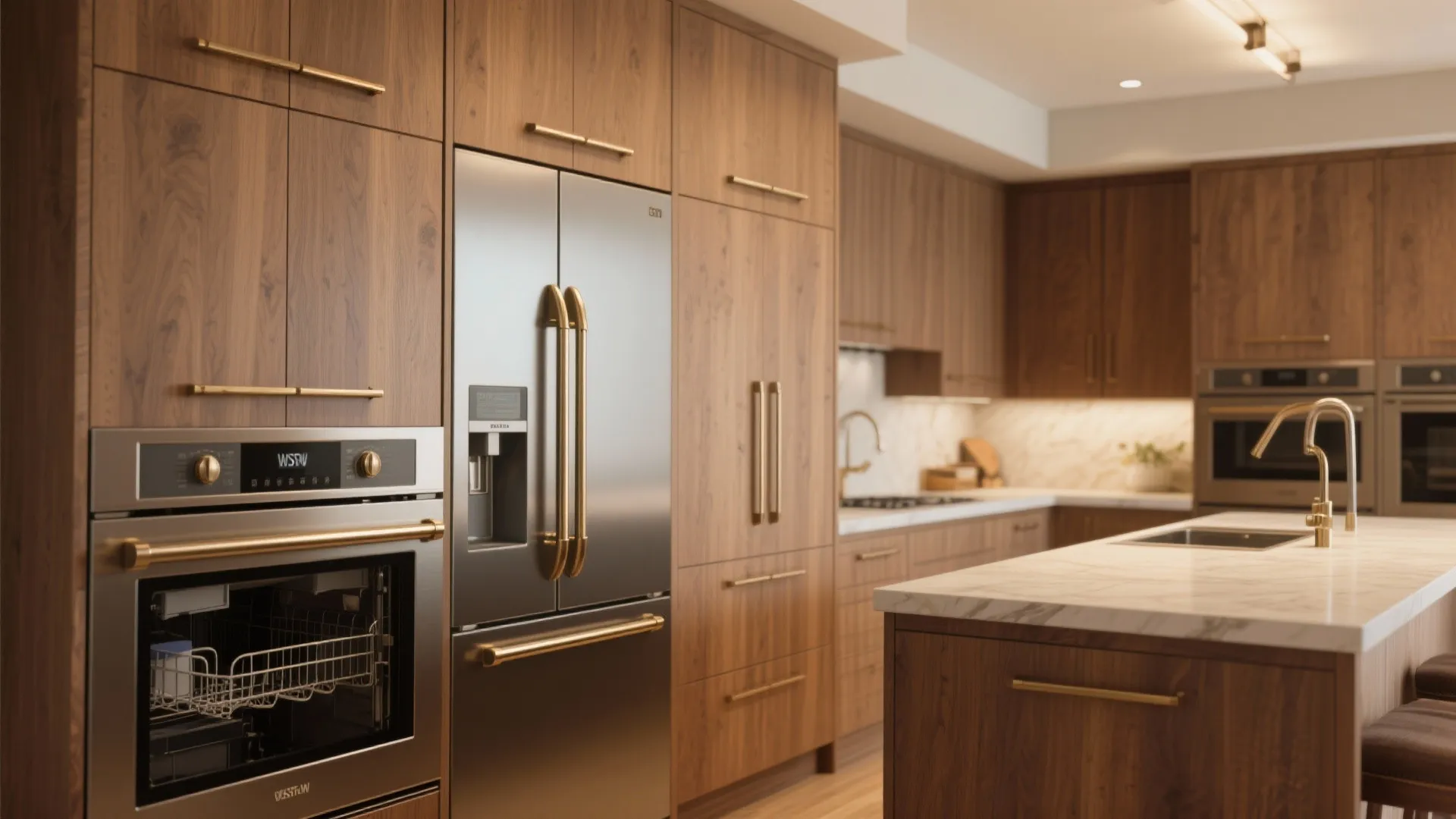 Modern kitchen with wood cabinets stainless steel appliances gold handles and white marble island counter
