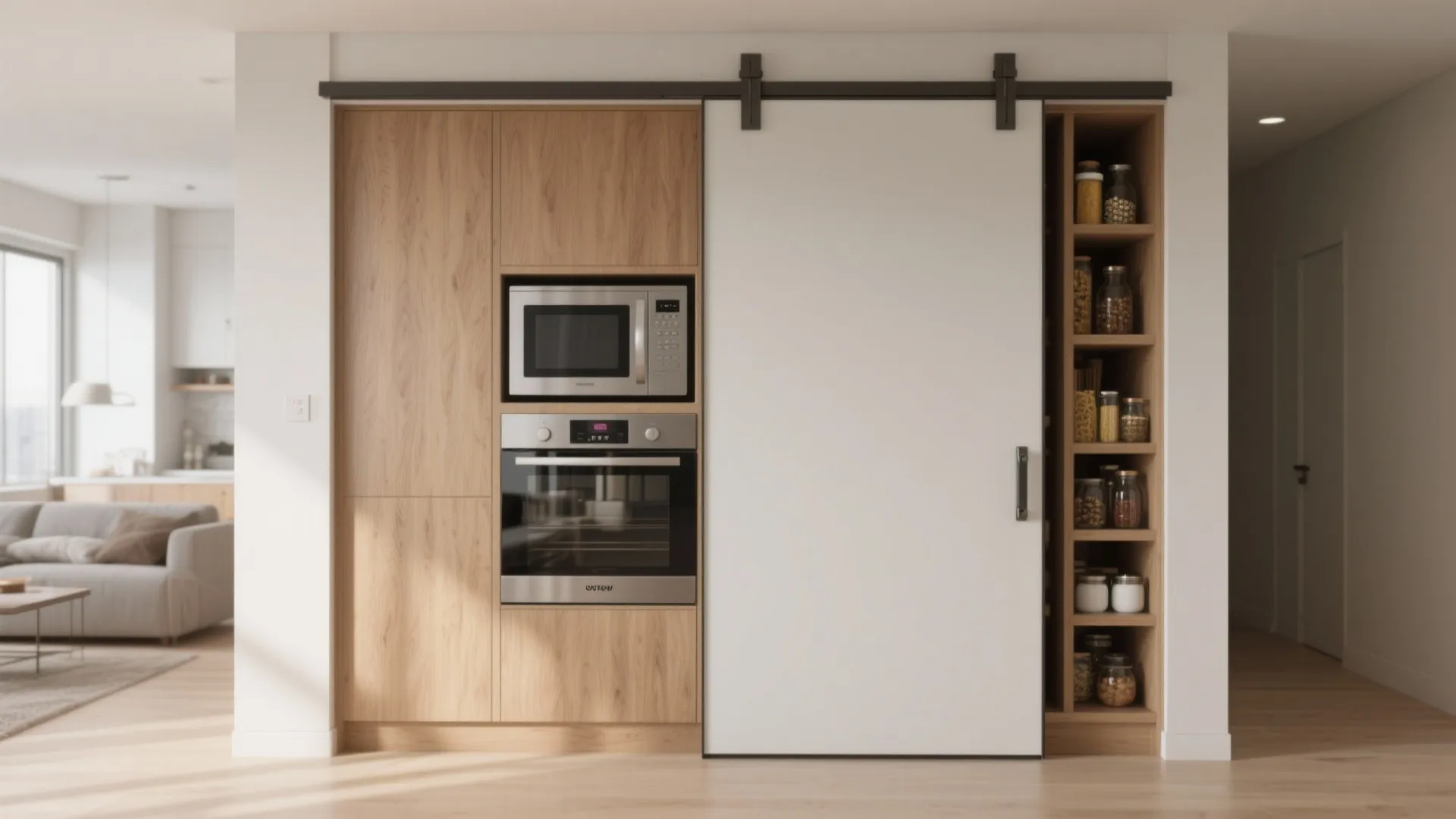 Built in kitchen cabinet with oven microwave and sliding white door revealing shelves with jars