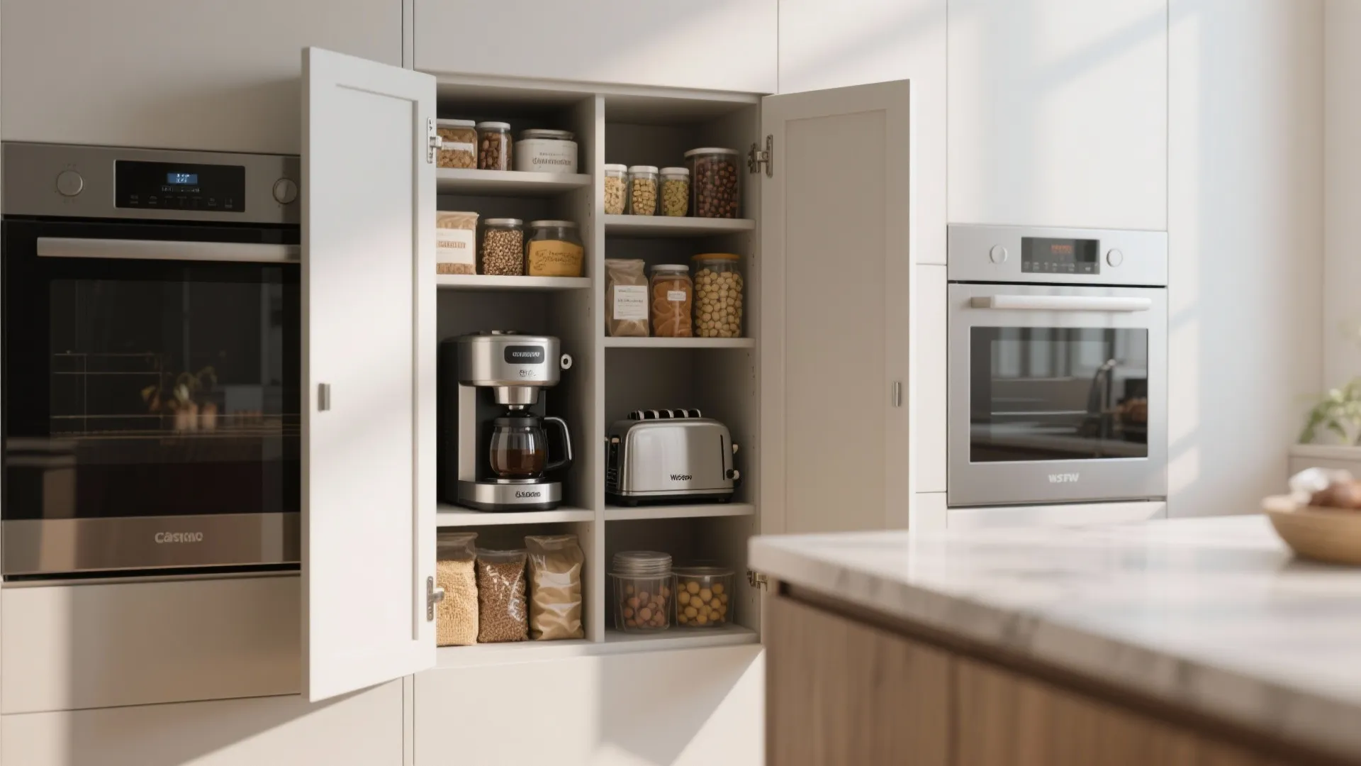 Open white kitchen cabinet storage with coffee maker toaster and many jars of food items