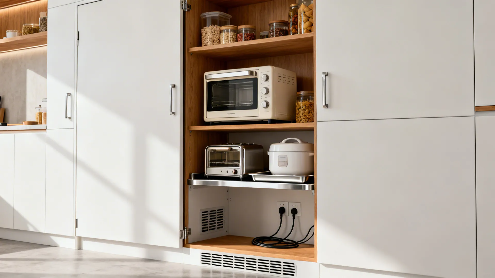Integrated pantry wall with pocket doors showing appliances and dry goods on a shallow work shelf.