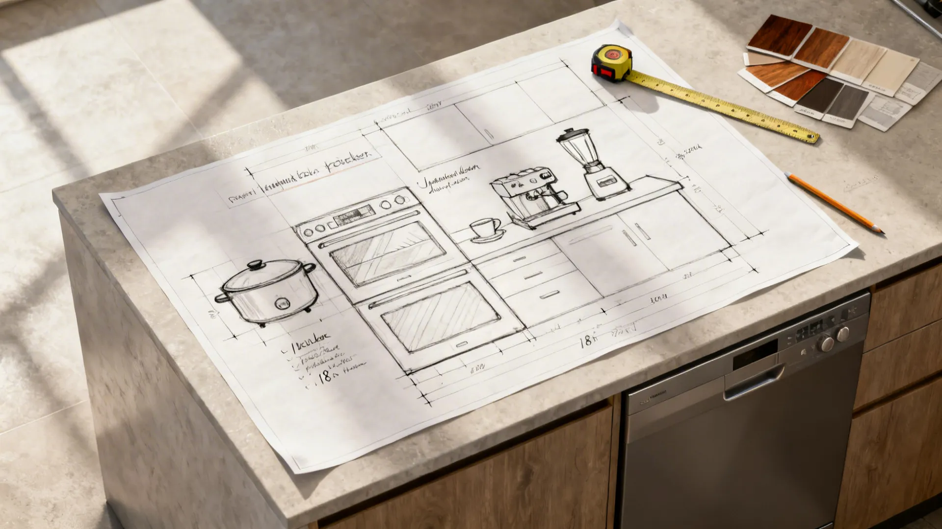 Top‑down layout sketch with measured zones for compact kitchen appliances.