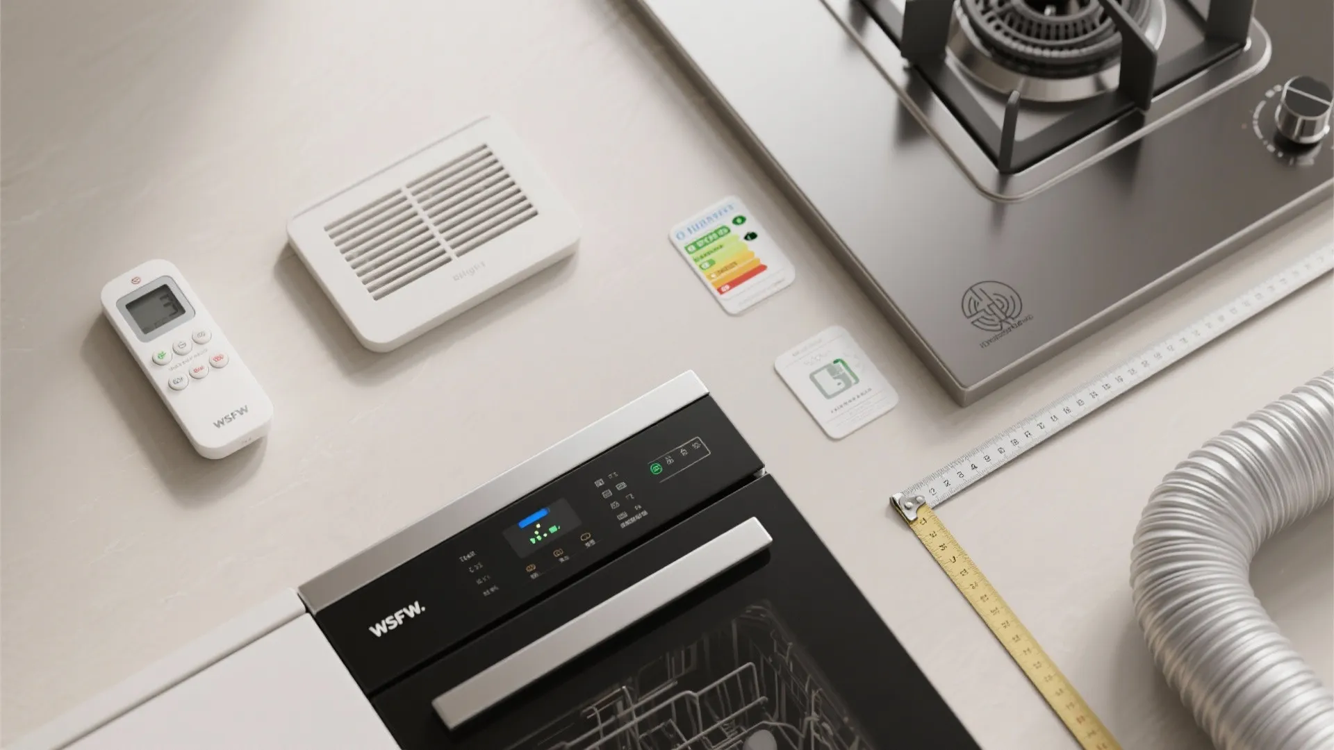 Kitchen appliances and tools including a dishwasher stove remote control and a yellow measuring tape