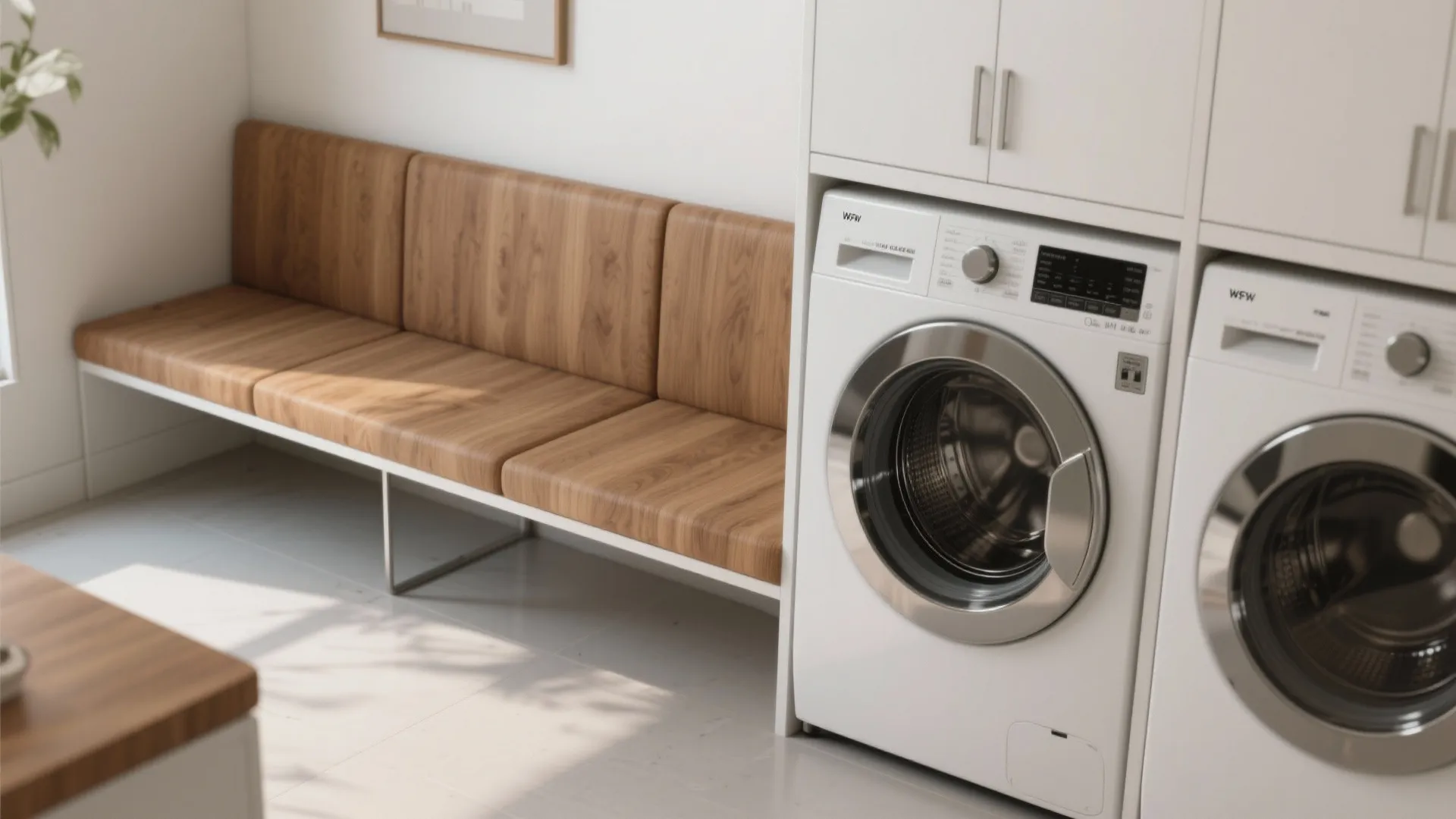 Bench extension aligned with washer and dryer tops