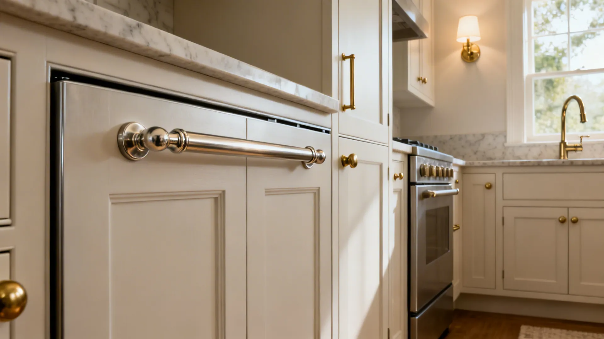 Compact kitchen with a single oversized appliance pull and complementary mixed-metal hardware.