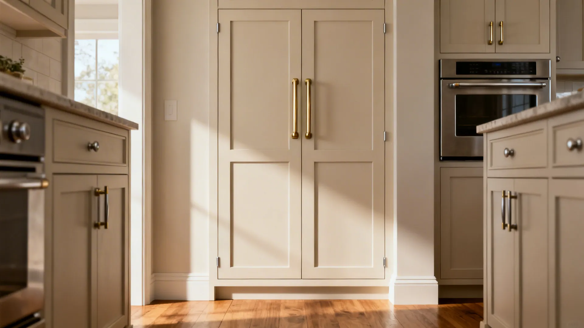 Tall pantry doors with oversized appliance-style pulls installed precisely.