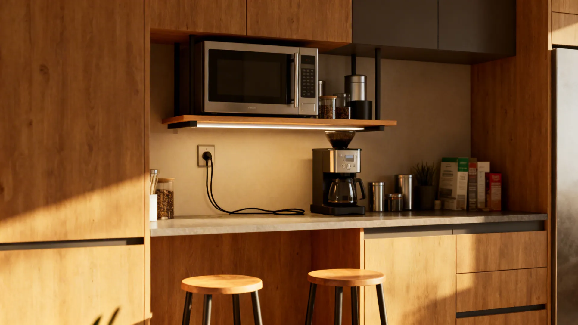 Appliance shelf bar above a microwave and coffee station with stools underneath