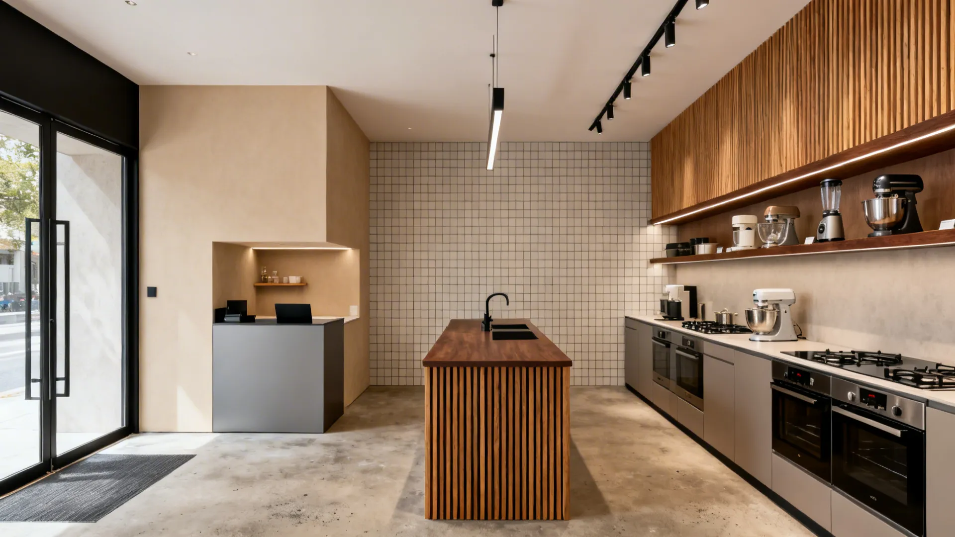 Modern kitchen showroom featuring a wooden island, grey cabinets, white tile wall, and kitchen appliances