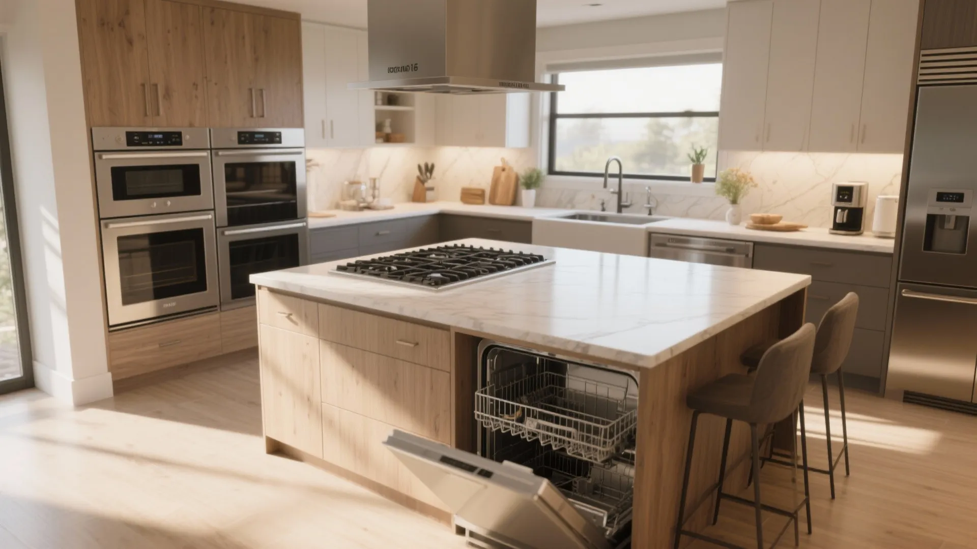 Modern kitchen island featuring an open dishwasher with wood cabinets and stainless steel built-in ovens