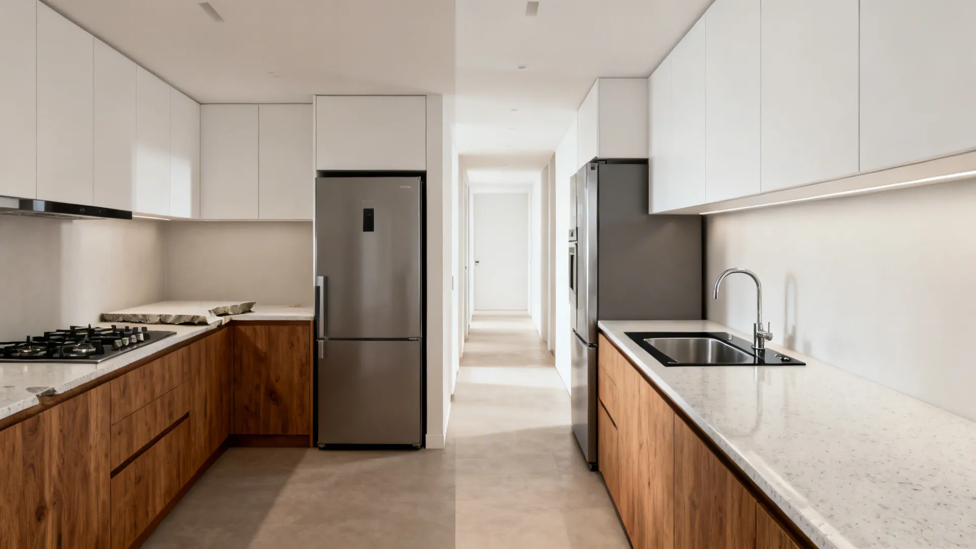Split view showing a cramped kitchen with oversized range versus a streamlined layout with compact appliances and continuous counters.