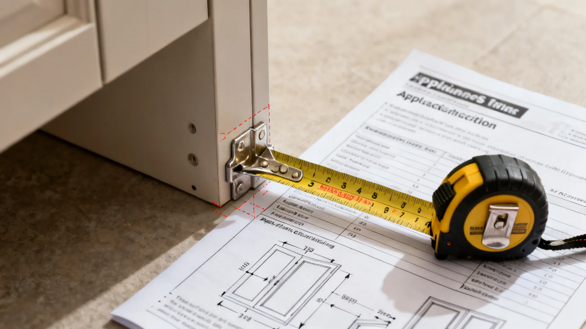 Macro of an appliance spec sheet with a measuring tape showing hinge and door swing details.