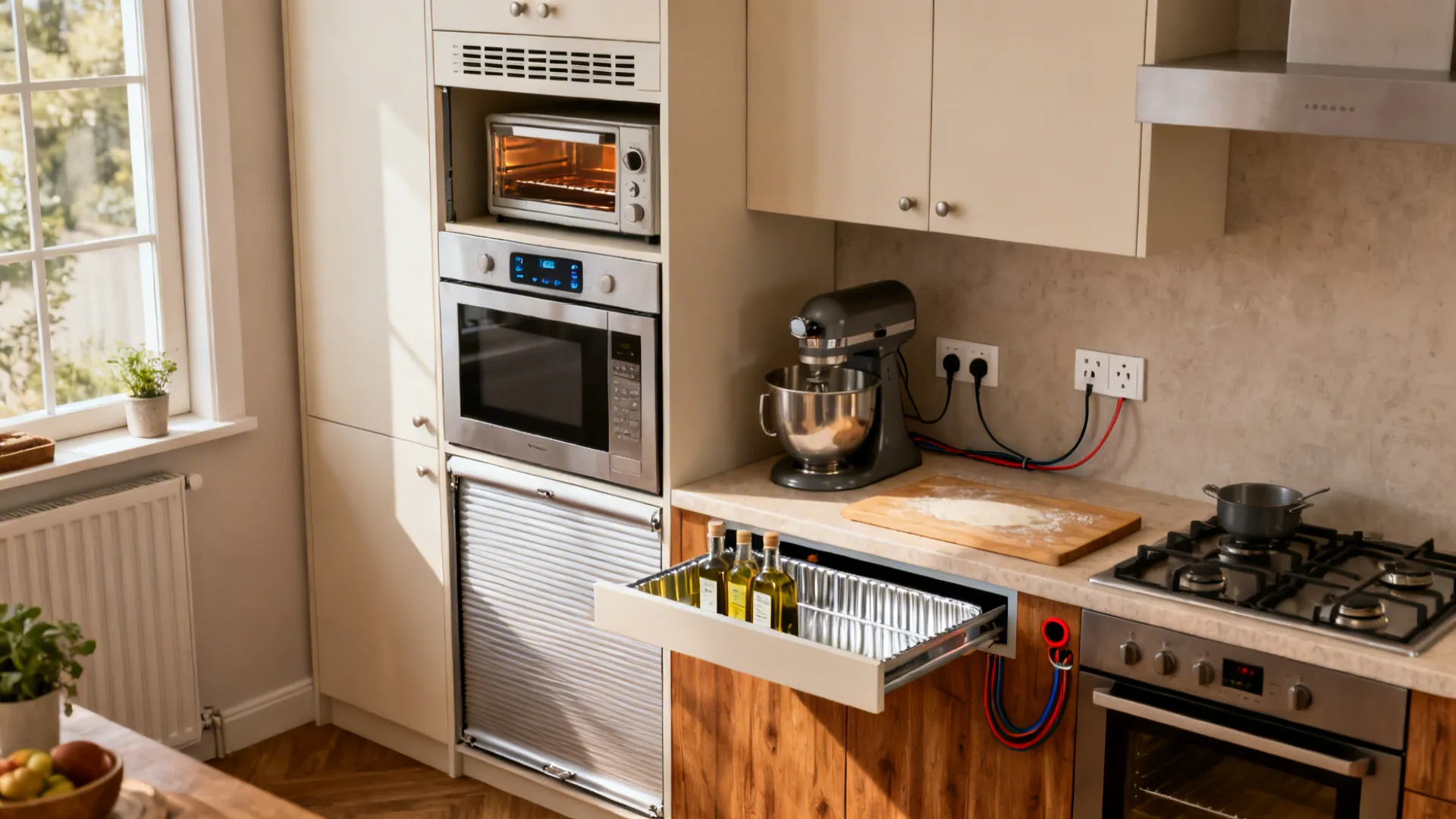 Tall cabinet with microwave and OTG stacked, tambour garage for mixer, and a pull-out workboard in a small kitchen.