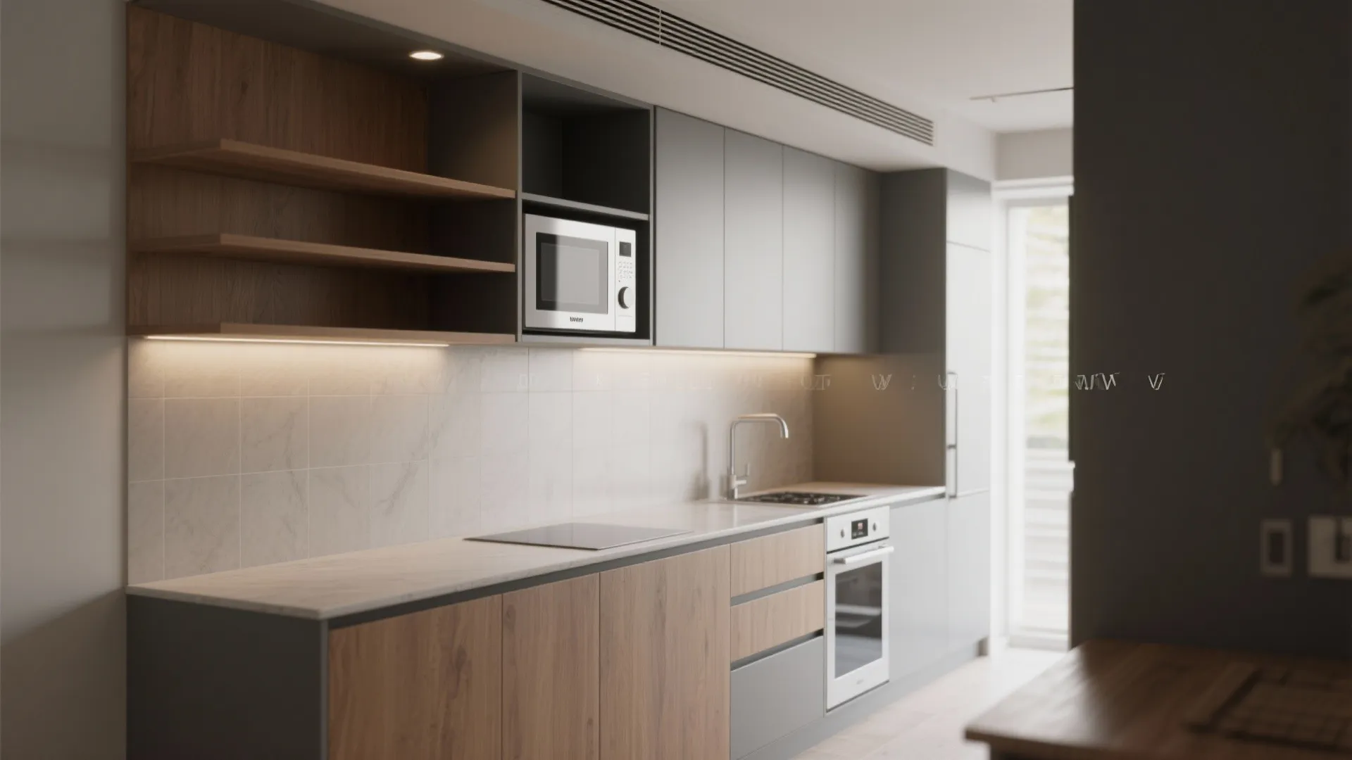 Modern kitchen featuring wooden lower cabinets grey upper cabinets integrated microwave oven and warm light
