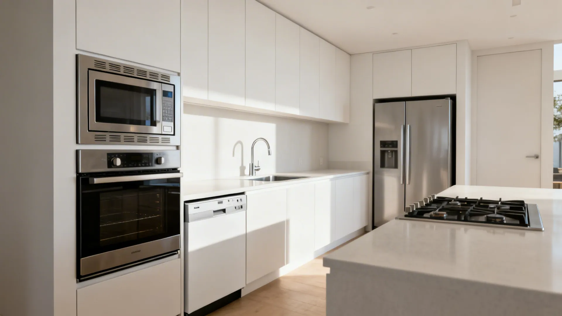 Single-wall kitchen with a stacked oven-microwave tower and counter-depth fridge.