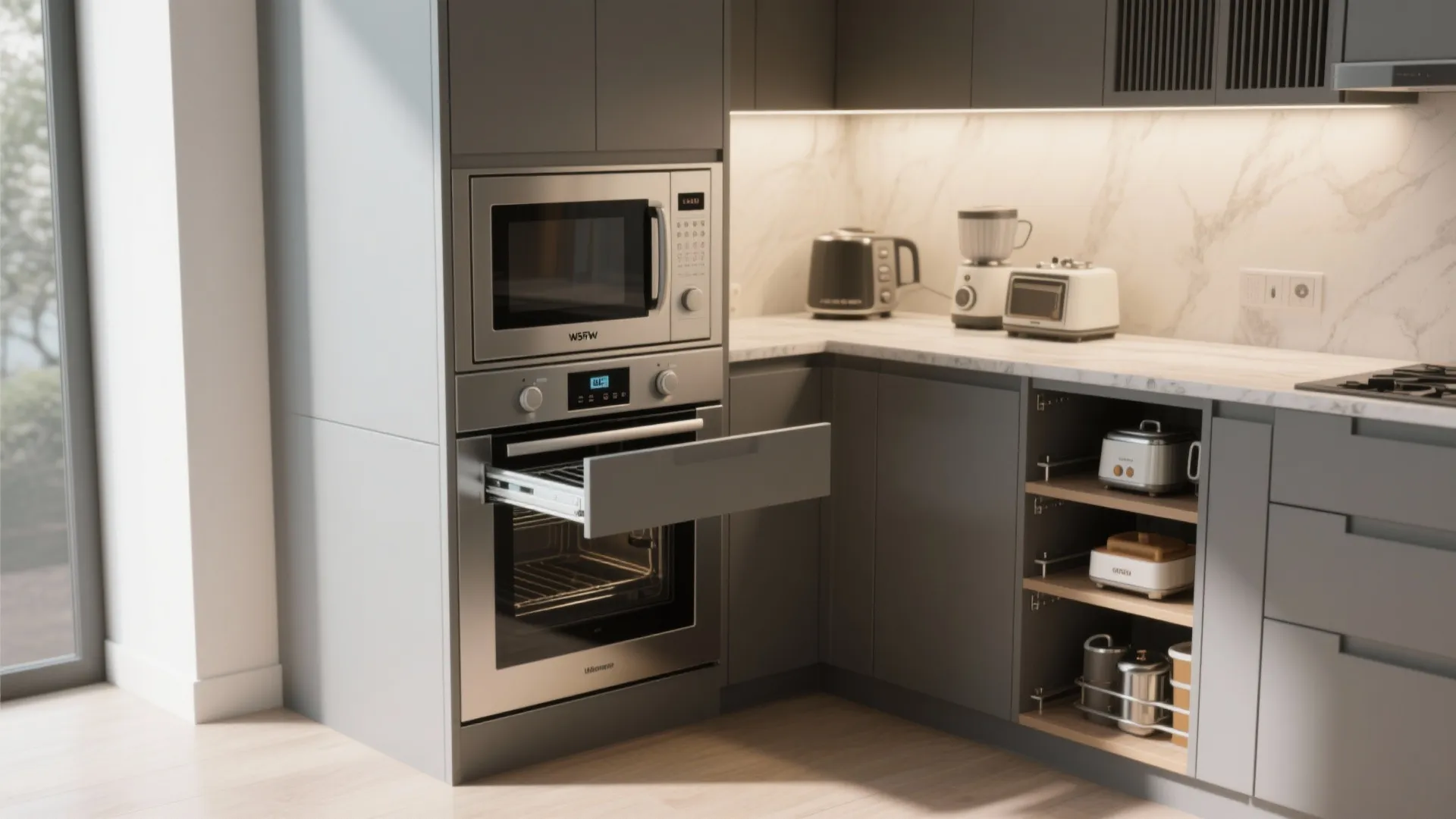 Corner appliance station with built-in microwave, stacked oven, and vertical pull-out shelves for small appliances.