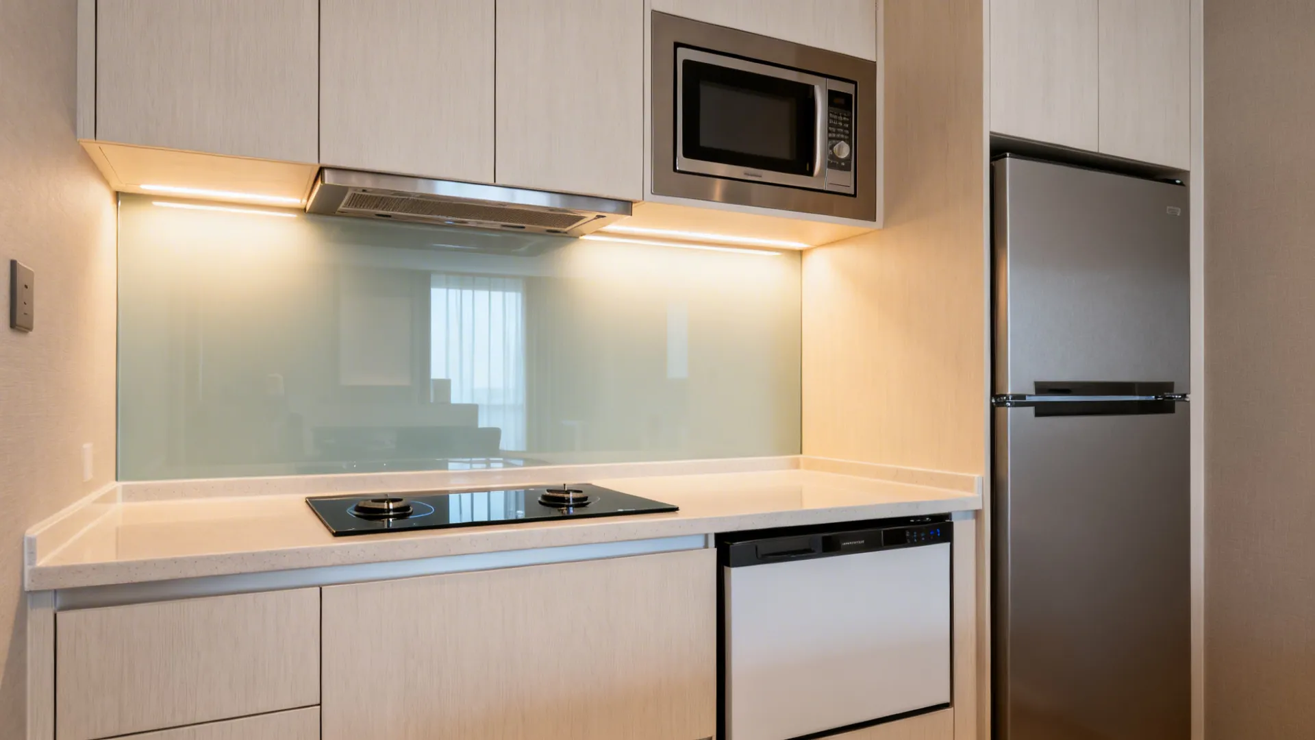 Compact kitchenette with 2-burner induction, combo oven, and undercounter fridge.