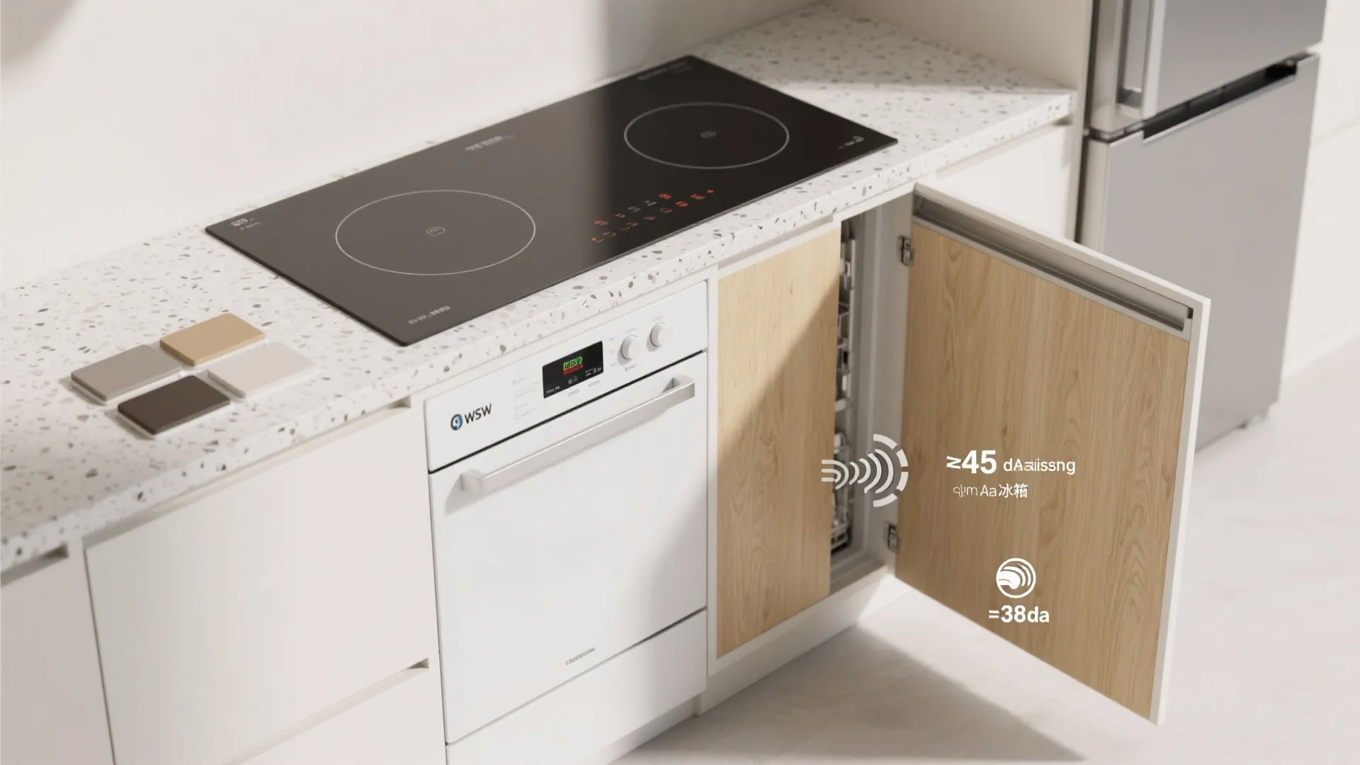 Flatlay of slim appliances and finishes: induction, slim dishwasher, fridge panel, white and ash laminates.