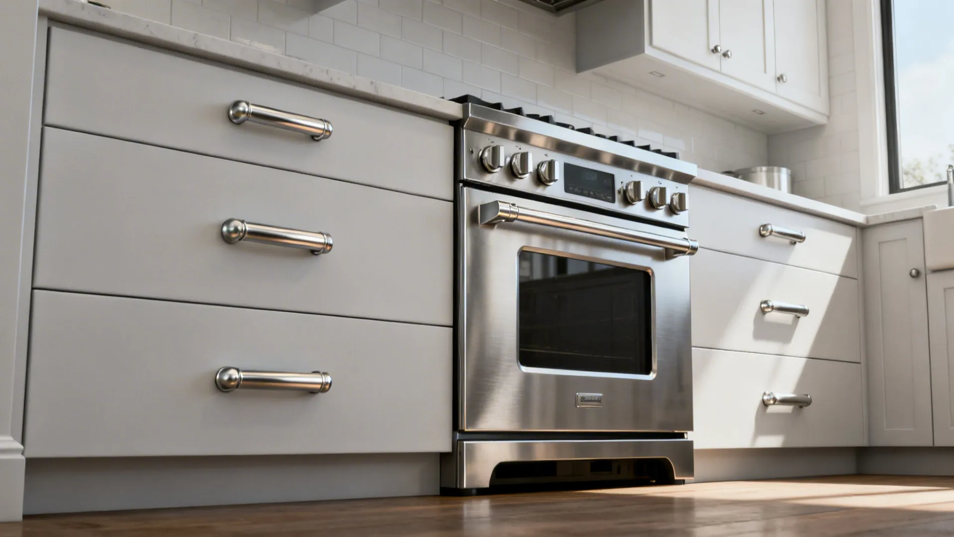 Narrow galley kitchen with oversized brushed stainless appliance-style pulls aligned with the oven handle.
