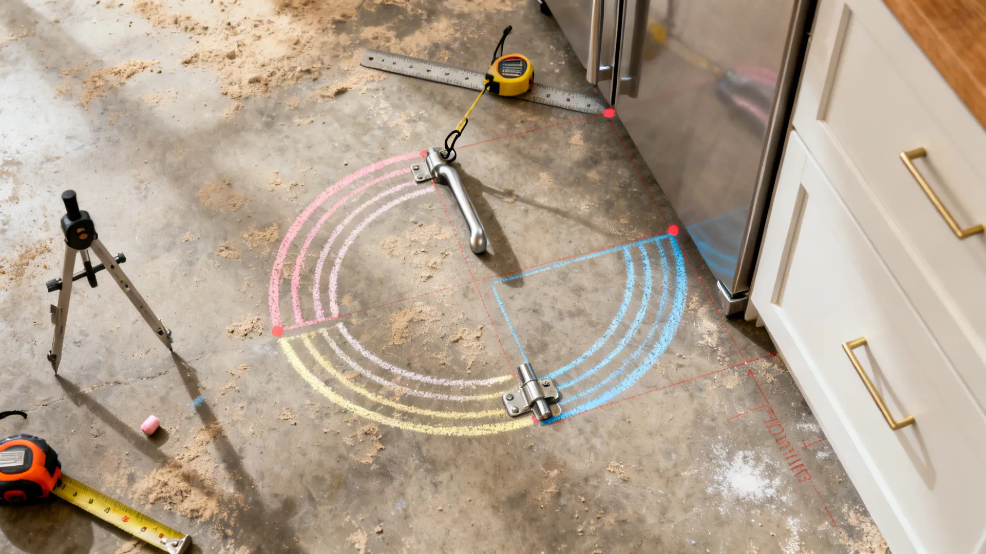 Chalk arcs on the floor show fridge and pantry door swings with tools nearby.