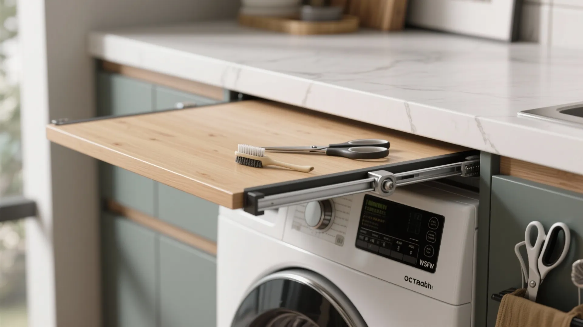 Pull out wooden shelf over washing machine with small brush and scissors for laundry room storage