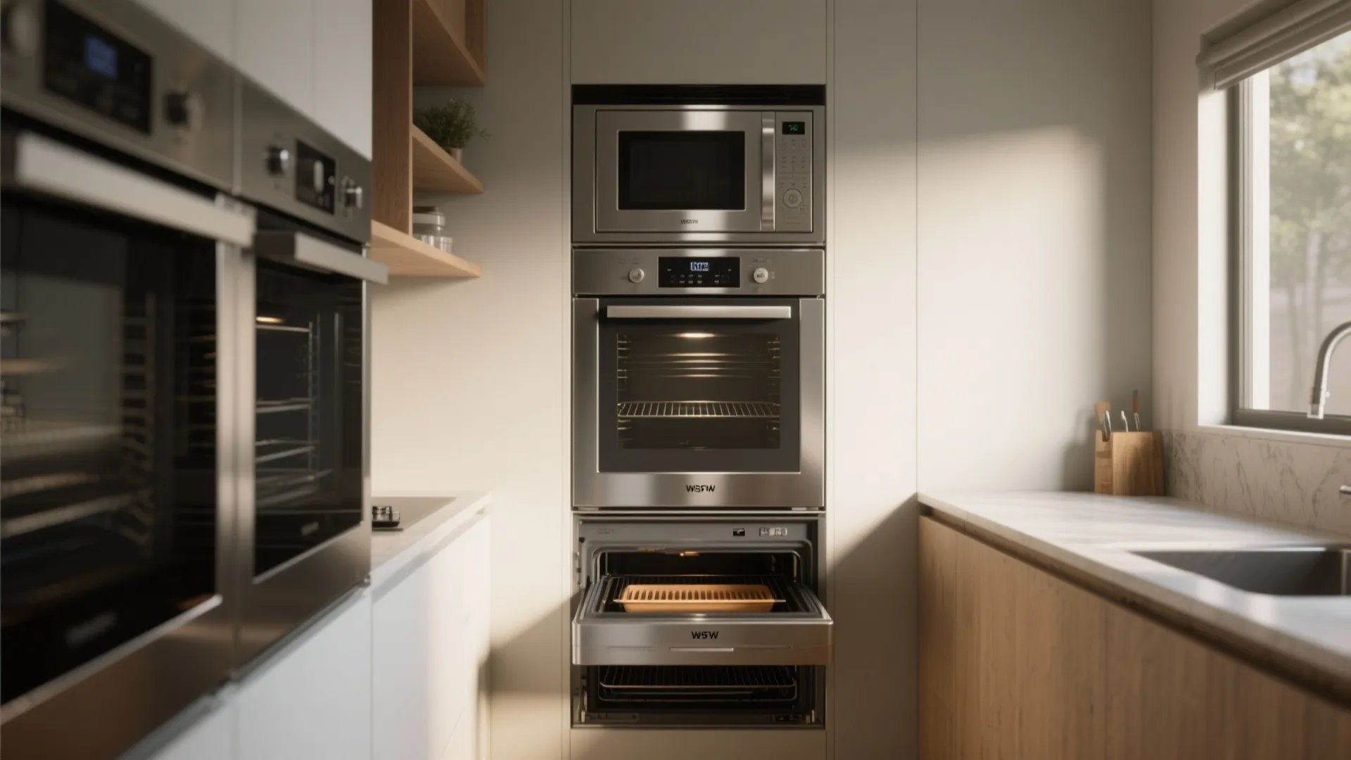 Vertical appliance tower with stacked oven, microwave and warming drawer in a narrow kitchen run.