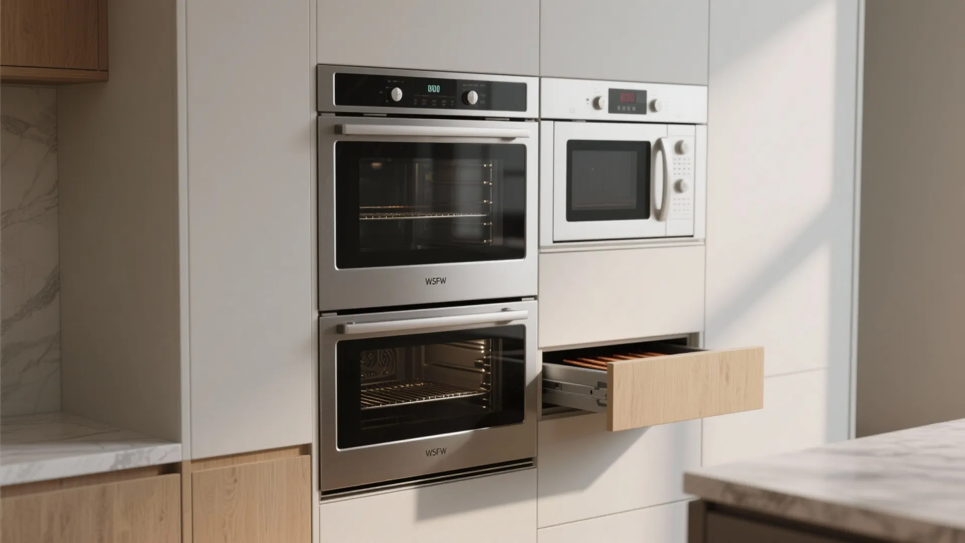 Built-in double oven and white microwave next to an open wooden drawer in white cabinetry