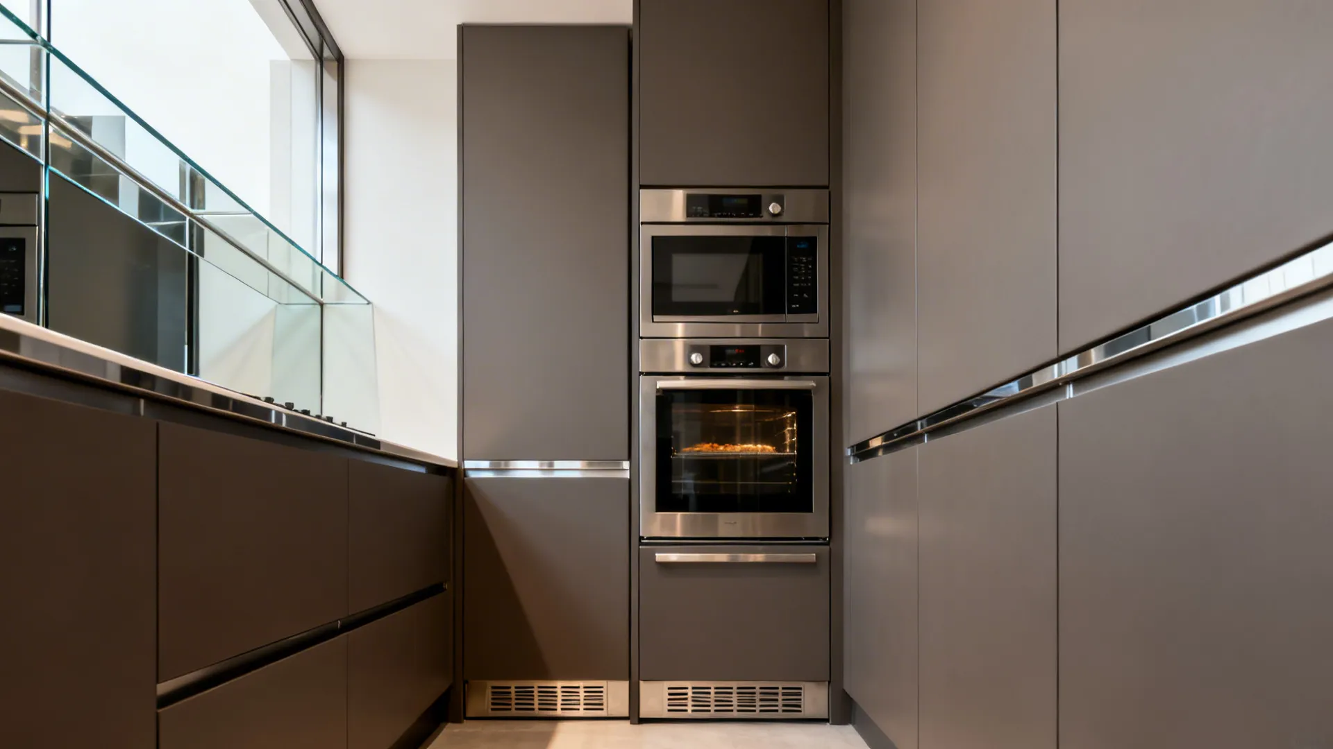 Compact kitchen with built-in oven, microwave, and warming drawer stacked in a tall tower.