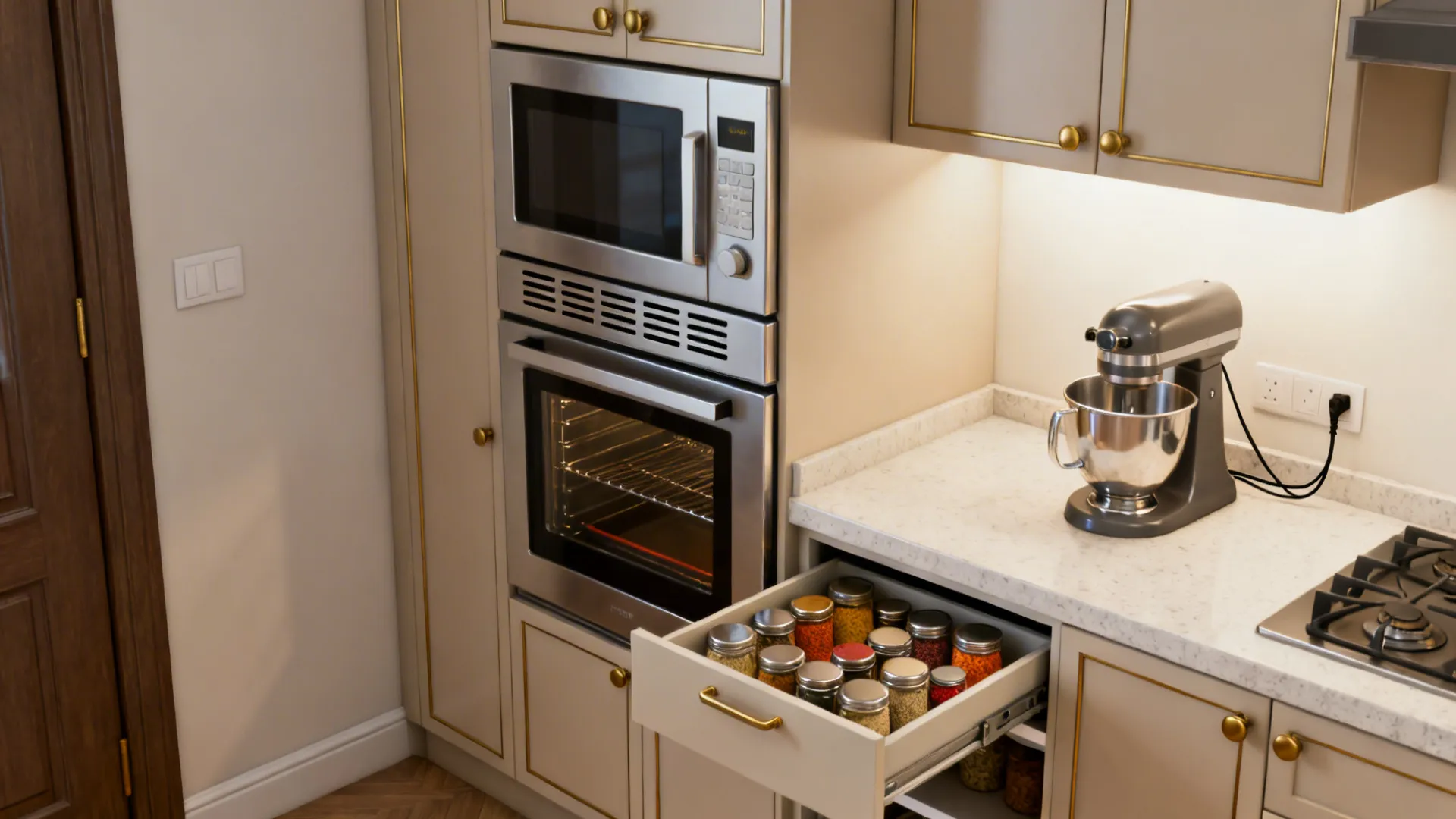 Built-in microwave and oven next to a stand mixer on counter with open spice drawer