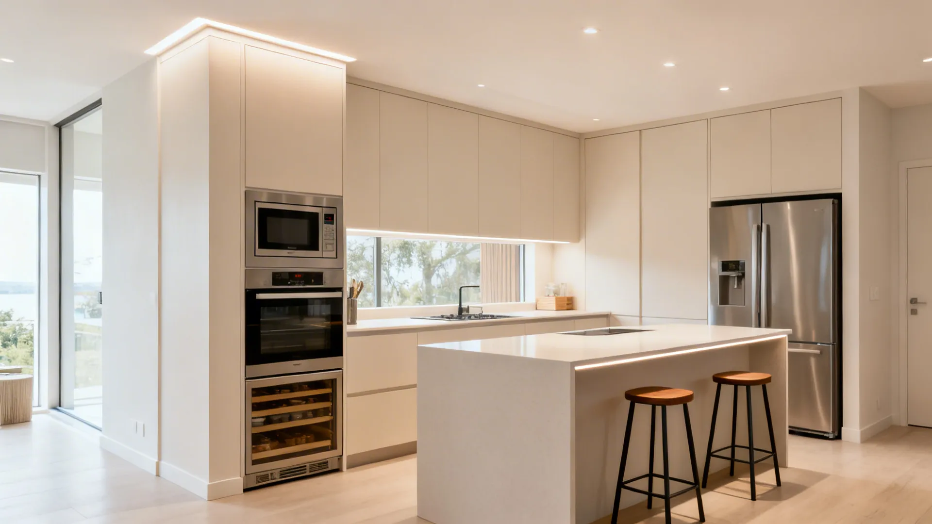 L-shaped kitchen with a tall appliance unit and a slim peninsula overhang with stools.