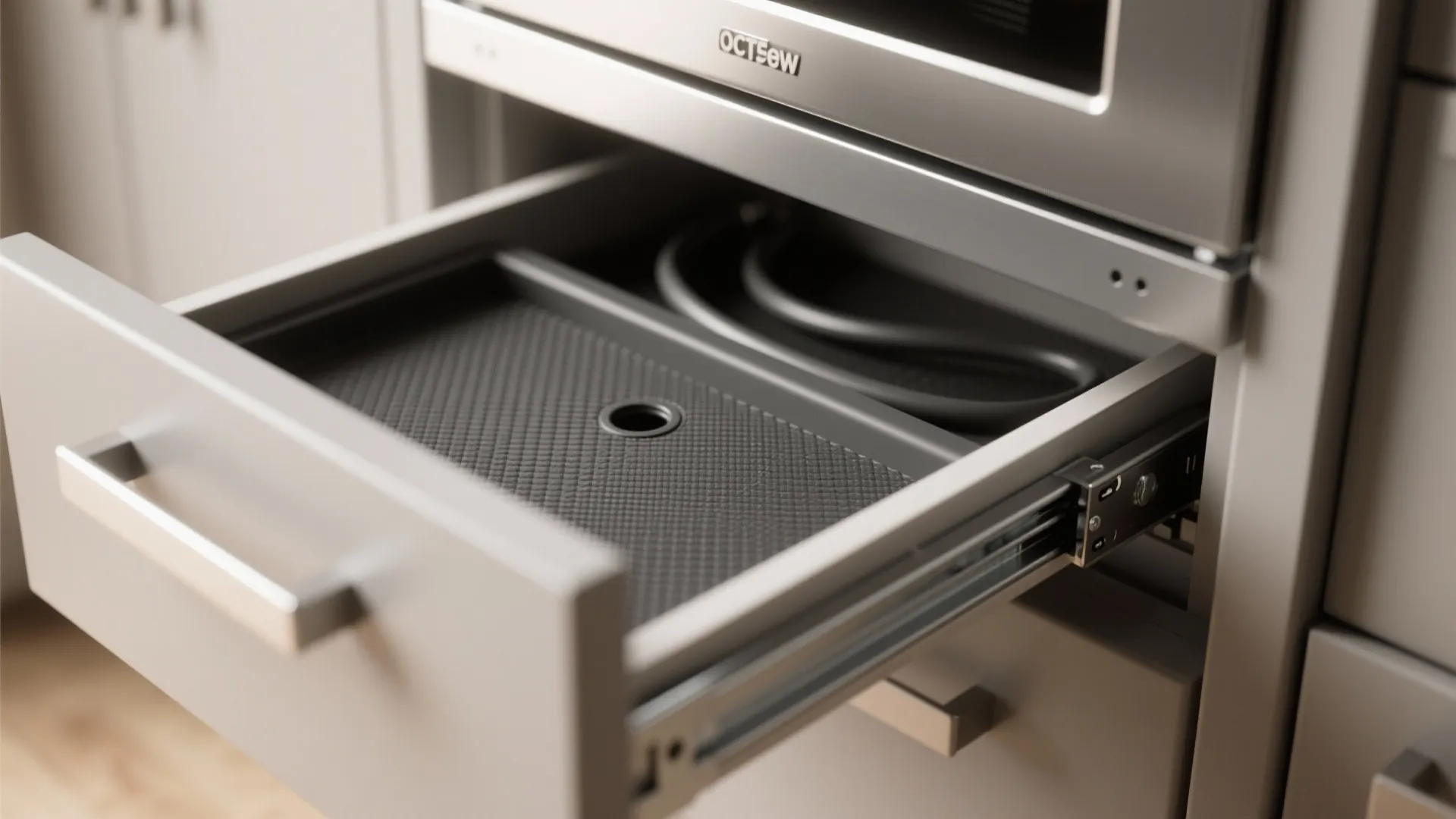 Open grey kitchen drawer showing a black textured tray insert located beneath a modern built-in oven