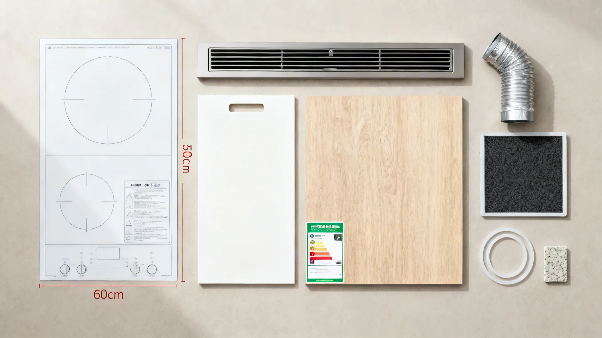 Flatlay of compact appliance components and ventilation parts with finish samples.