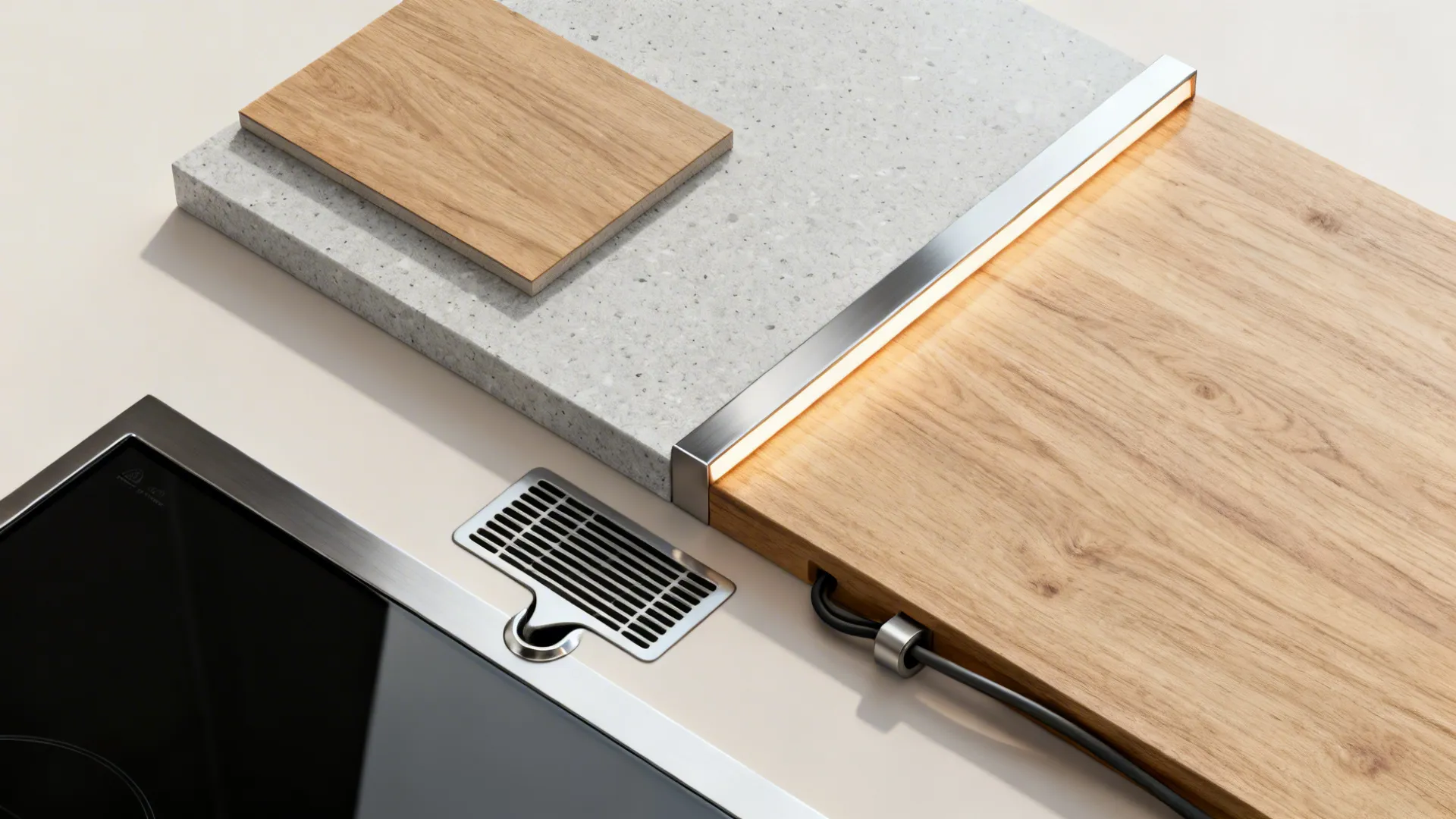 Flatlay of matte oak, light gray quartz, stainless trim, black glass, LED strip, and ventilation grille materials.