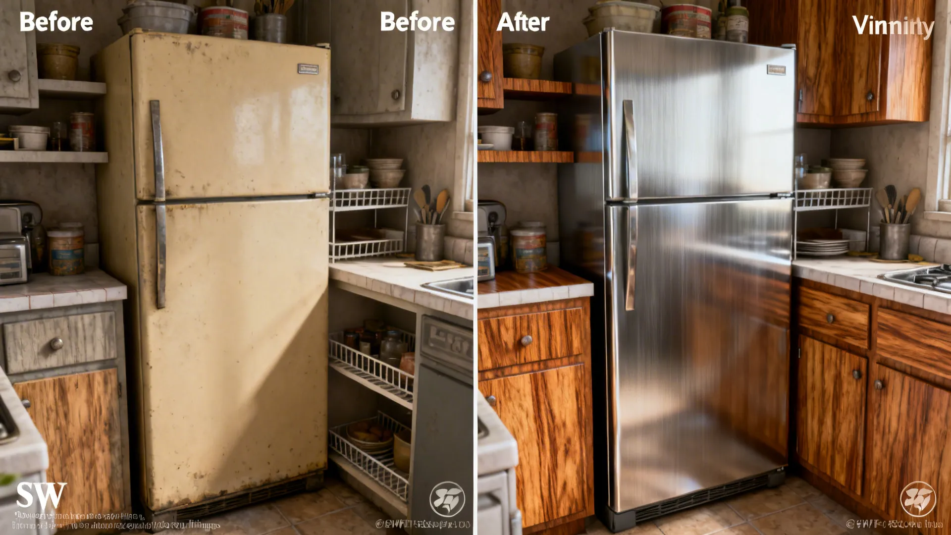 Before-and-after of a fridge wrapped in brushed stainless vinyl and shelves with oak wood-grain stickers.