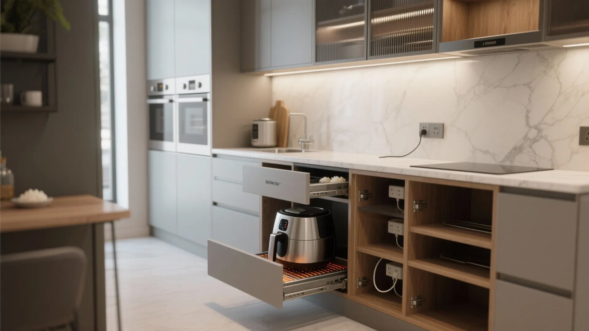 Modern kitchen cabinet with open drawers showing an air fryer and organized storage for small appliances